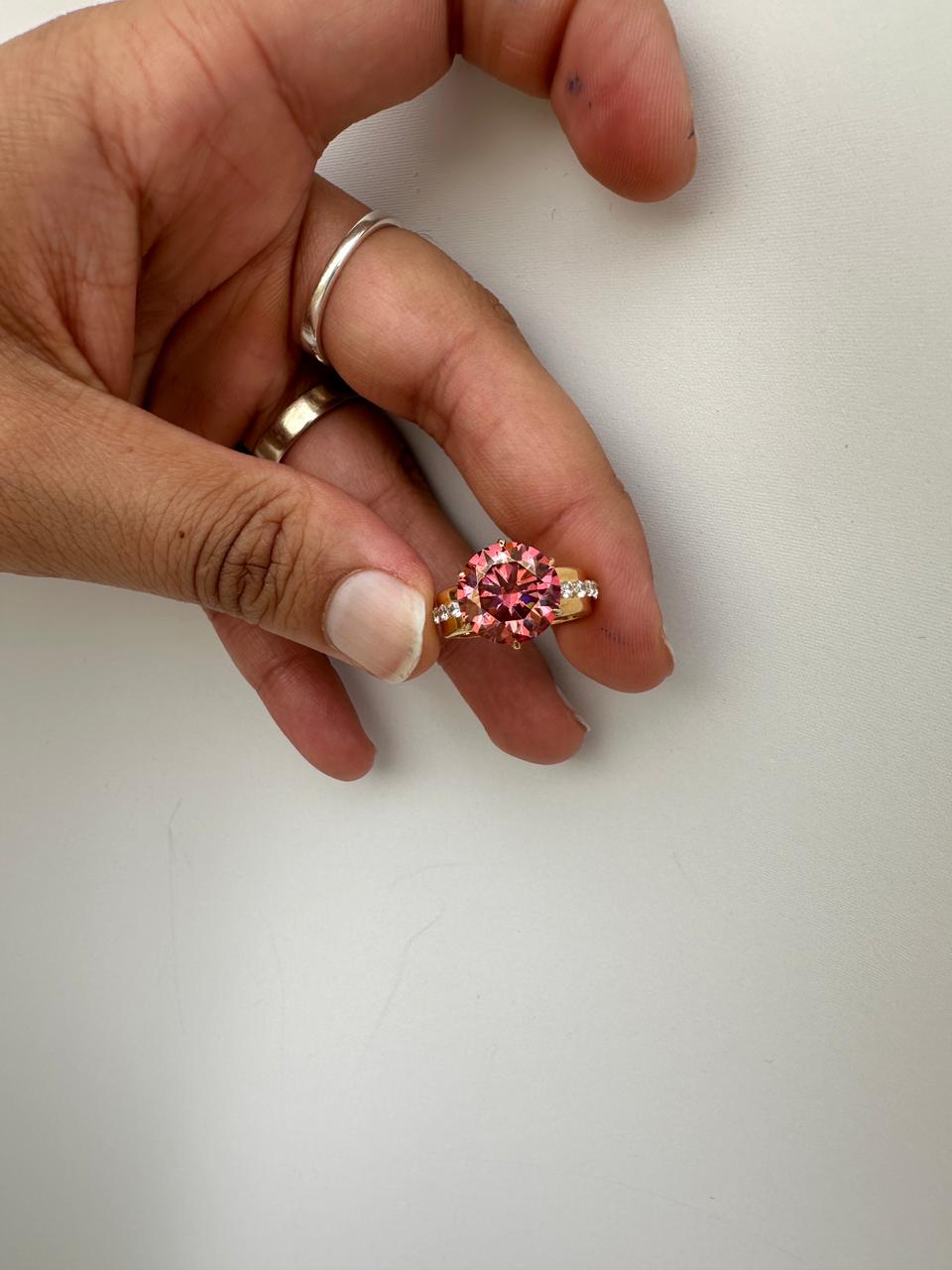 6 Ct Pink Red Moissanite Lotus Ring, 14K Yellow Gold Engagement Statement Ring
