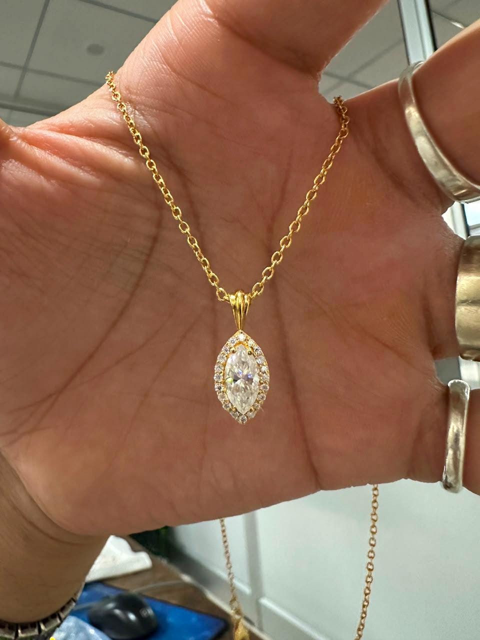 Marquise Moissanite Halo Pendant Necklace | 1.5 CT 14K Yellow Gold, Luxury Gift for Her