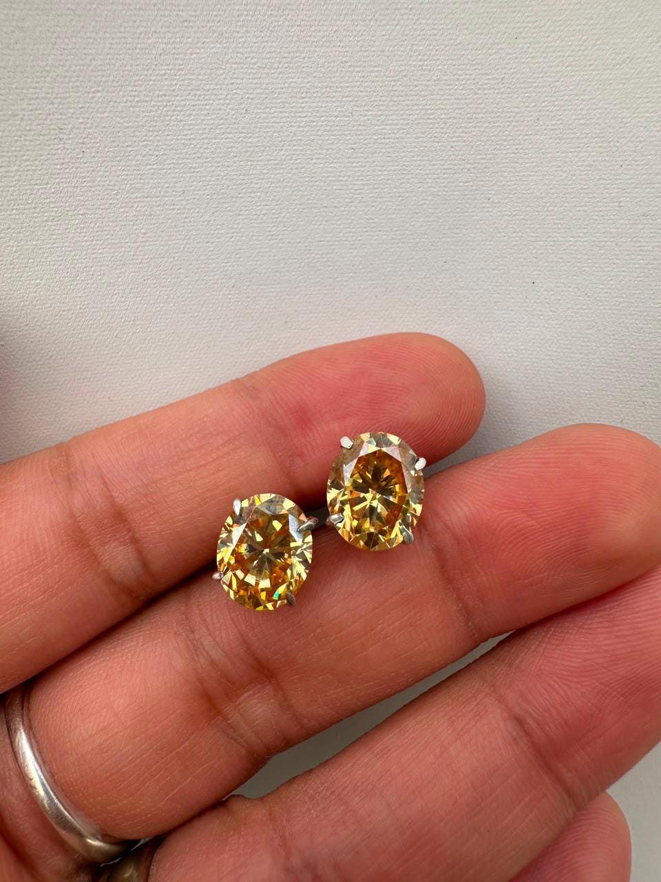 8 CT Oval Yellow Moissanite Solitaire Stud Earrings, 14K White Gold Statement Jewelry