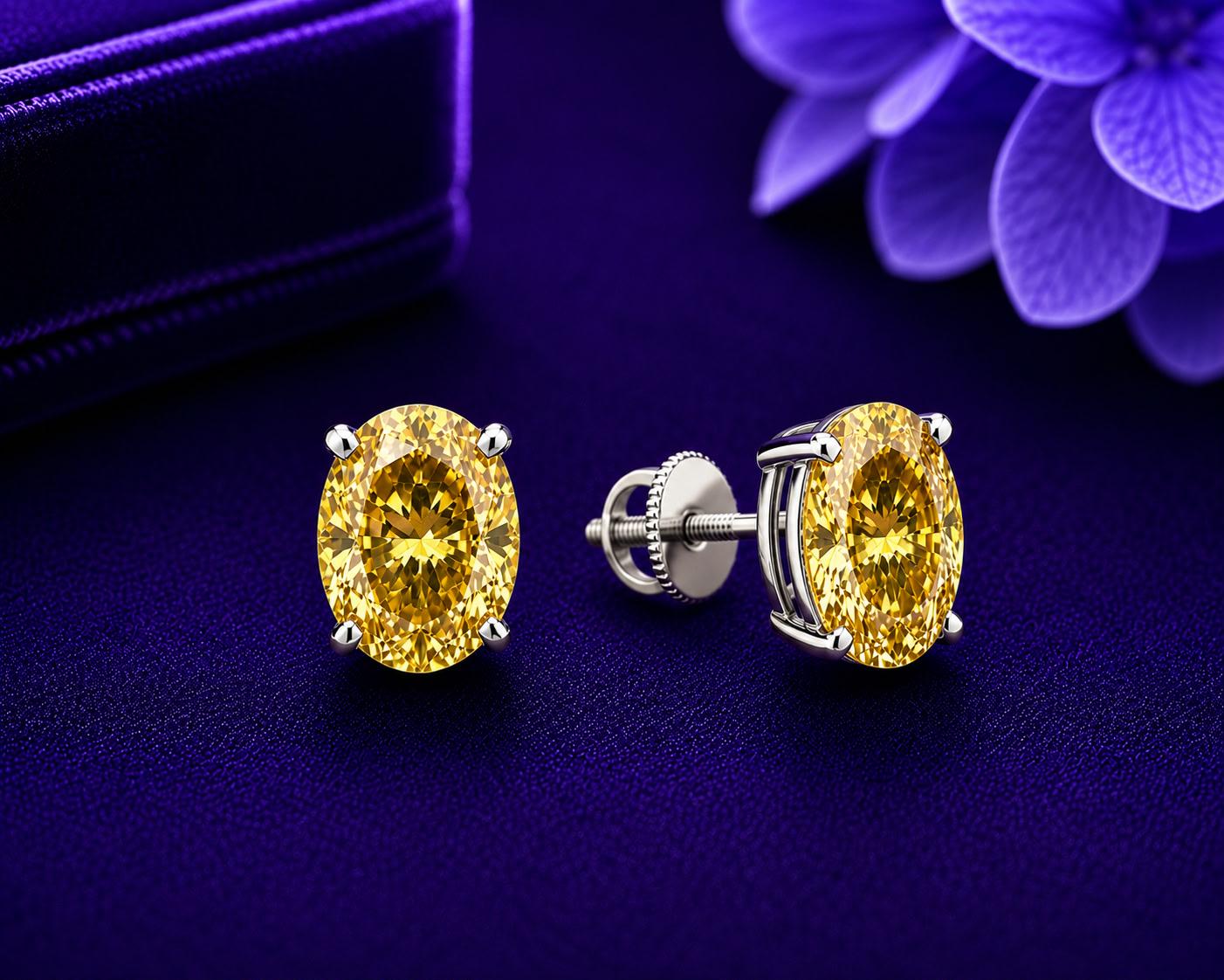 8 CT Oval Yellow Moissanite Solitaire Stud Earrings, 14K White Gold Statement Jewelry