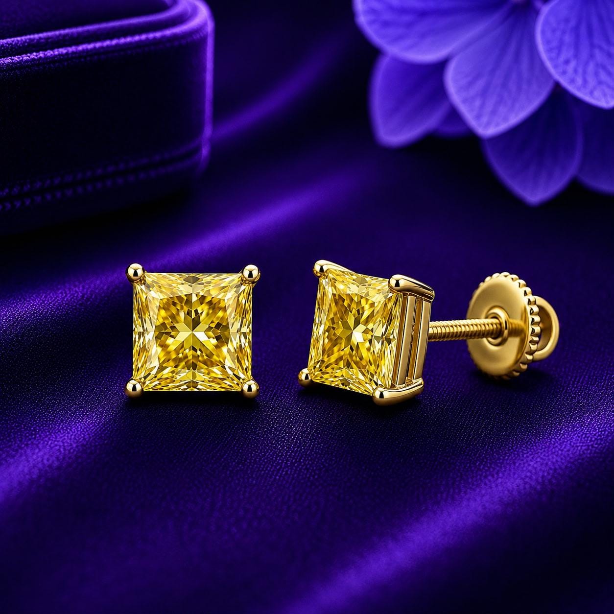 7 CT Yellow Princess Cut Moissanite Solitaire Stud Earrings, 14K Gold Unisex Jewelry