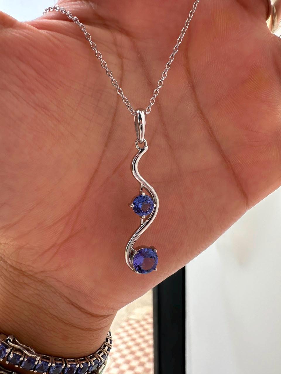 Natural Tanzanite Wave Pendant | Two Stone Necklace | 2.25CT | 14K White Gold