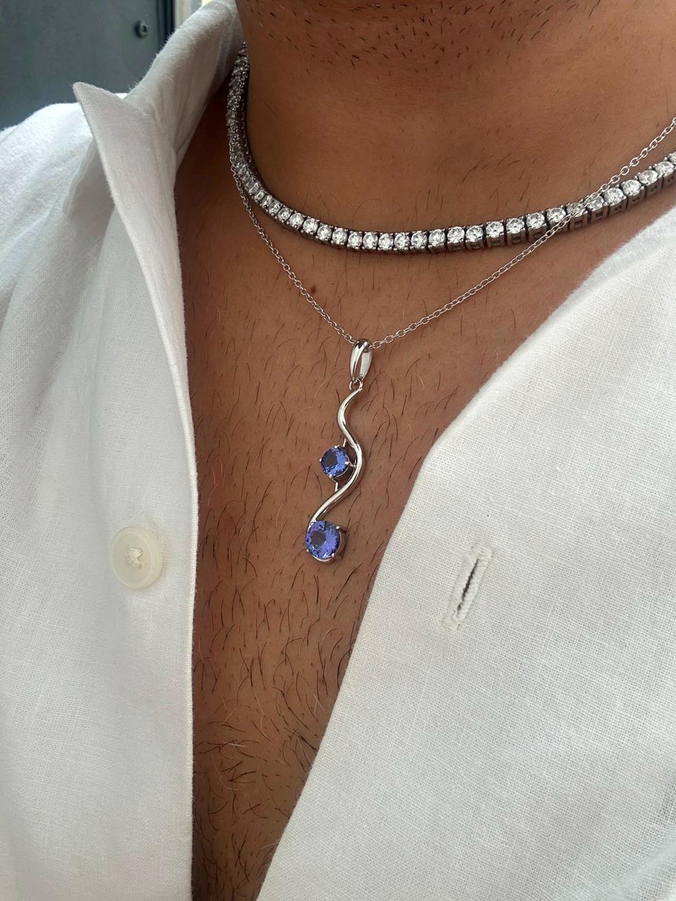 Natural Tanzanite Wave Pendant | Two Stone Necklace | 2.25CT | 14K White Gold