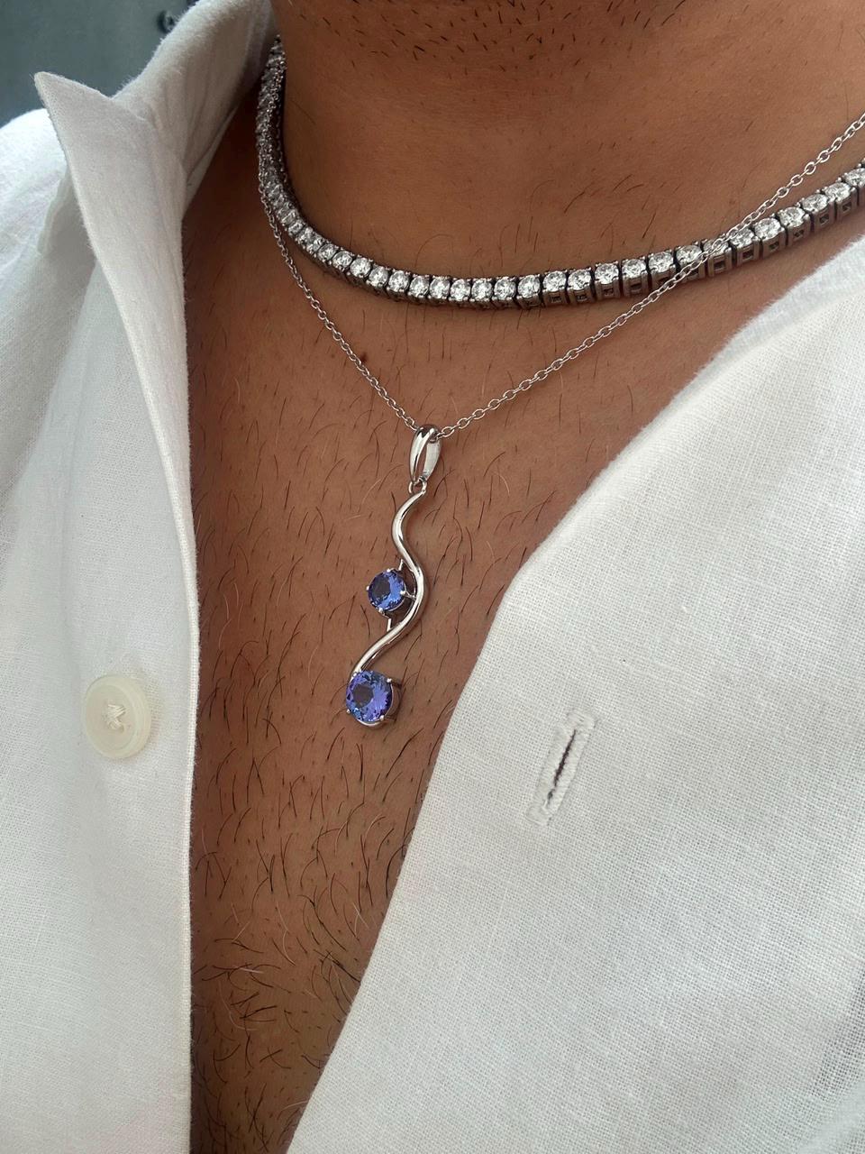 Natural Tanzanite Wave Pendant | Two Stone Necklace | 2.25CT | 14K White Gold