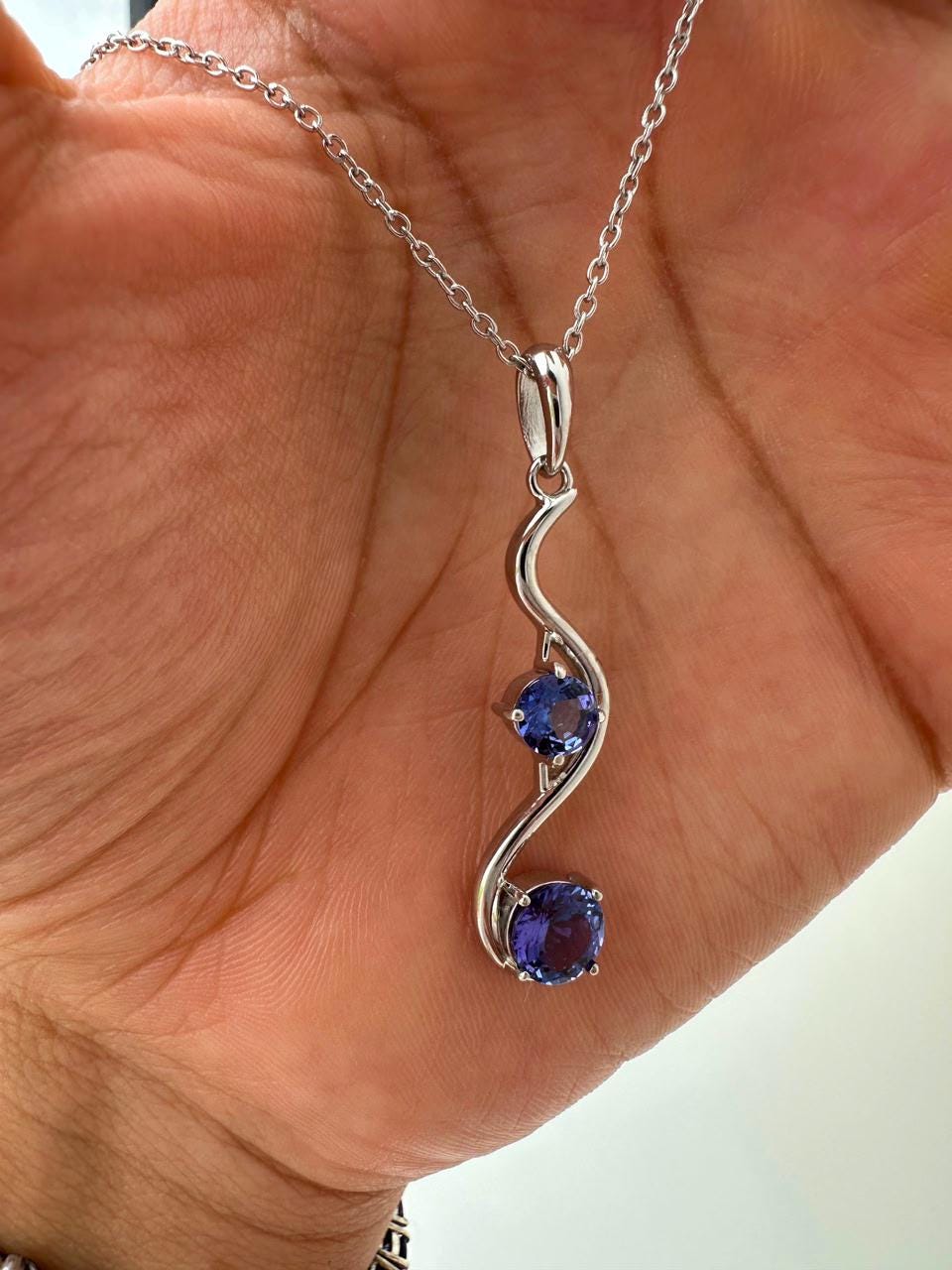 Natural Tanzanite Wave Pendant | Two Stone Necklace | 2.25CT | 14K White Gold