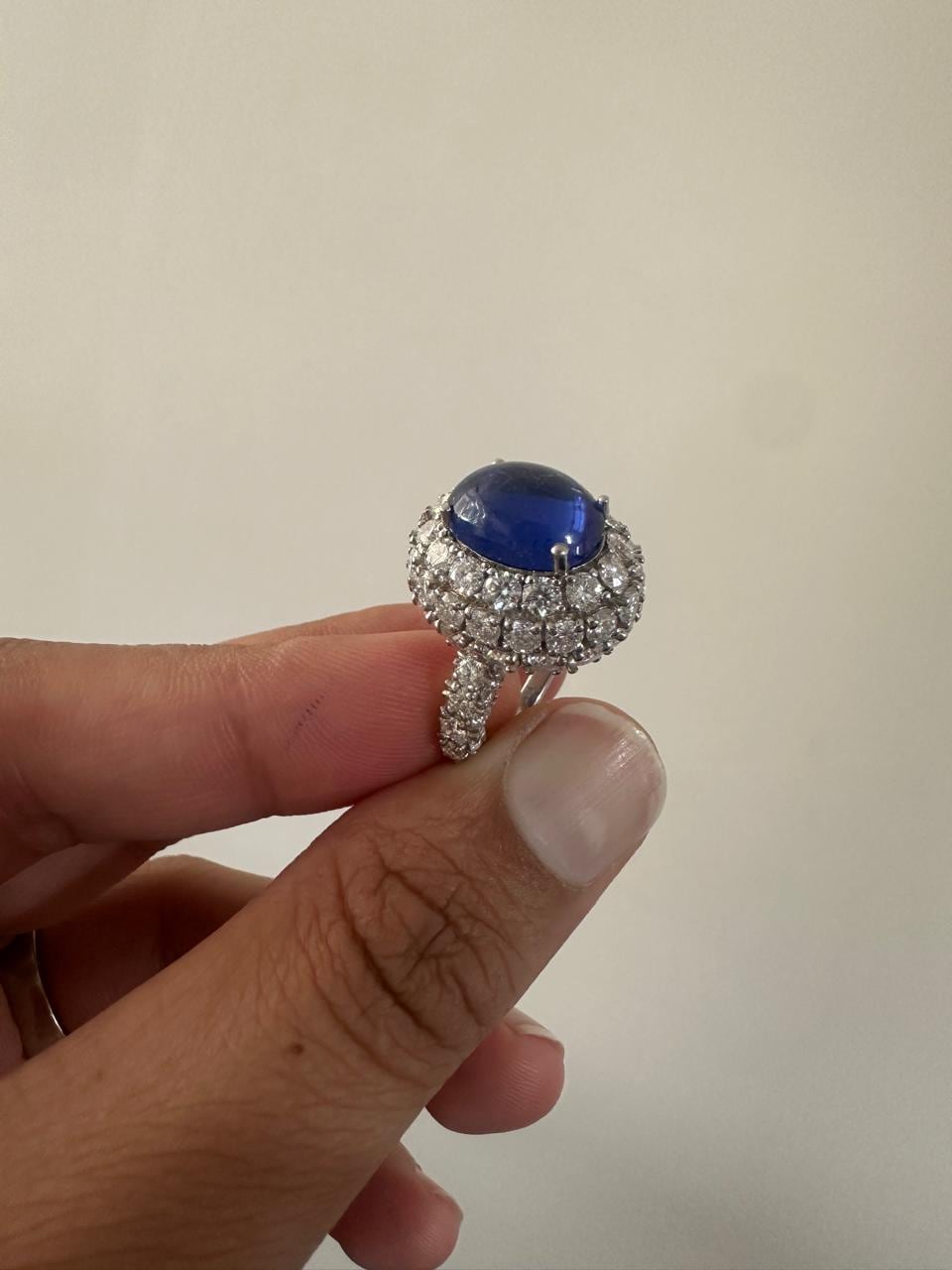 Lab-Grown Royal Blue Sapphire Halo Ring: 14K White Gold Statement Cocktail Ring