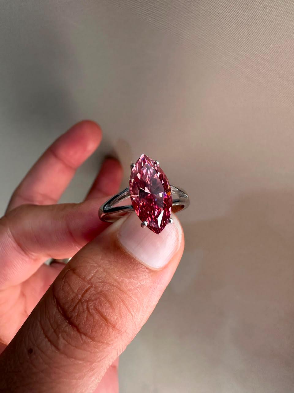 14K White Gold Marquise Pink Moissanite Engagement Ring, 5 Ct Statement Proposal Jewelry