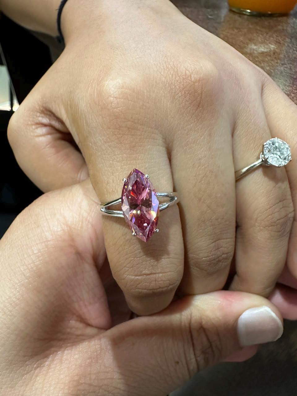 14K White Gold Marquise Pink Moissanite Engagement Ring, 5 Ct Statement Proposal Jewelry