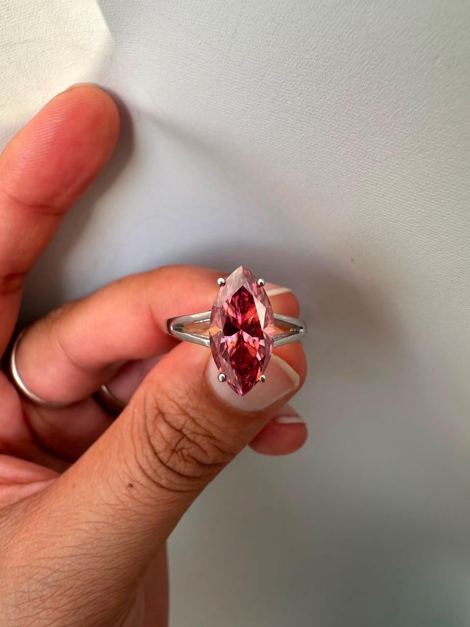 14K White Gold Marquise Pink Moissanite Engagement Ring, 5 Ct Statement Proposal Jewelry