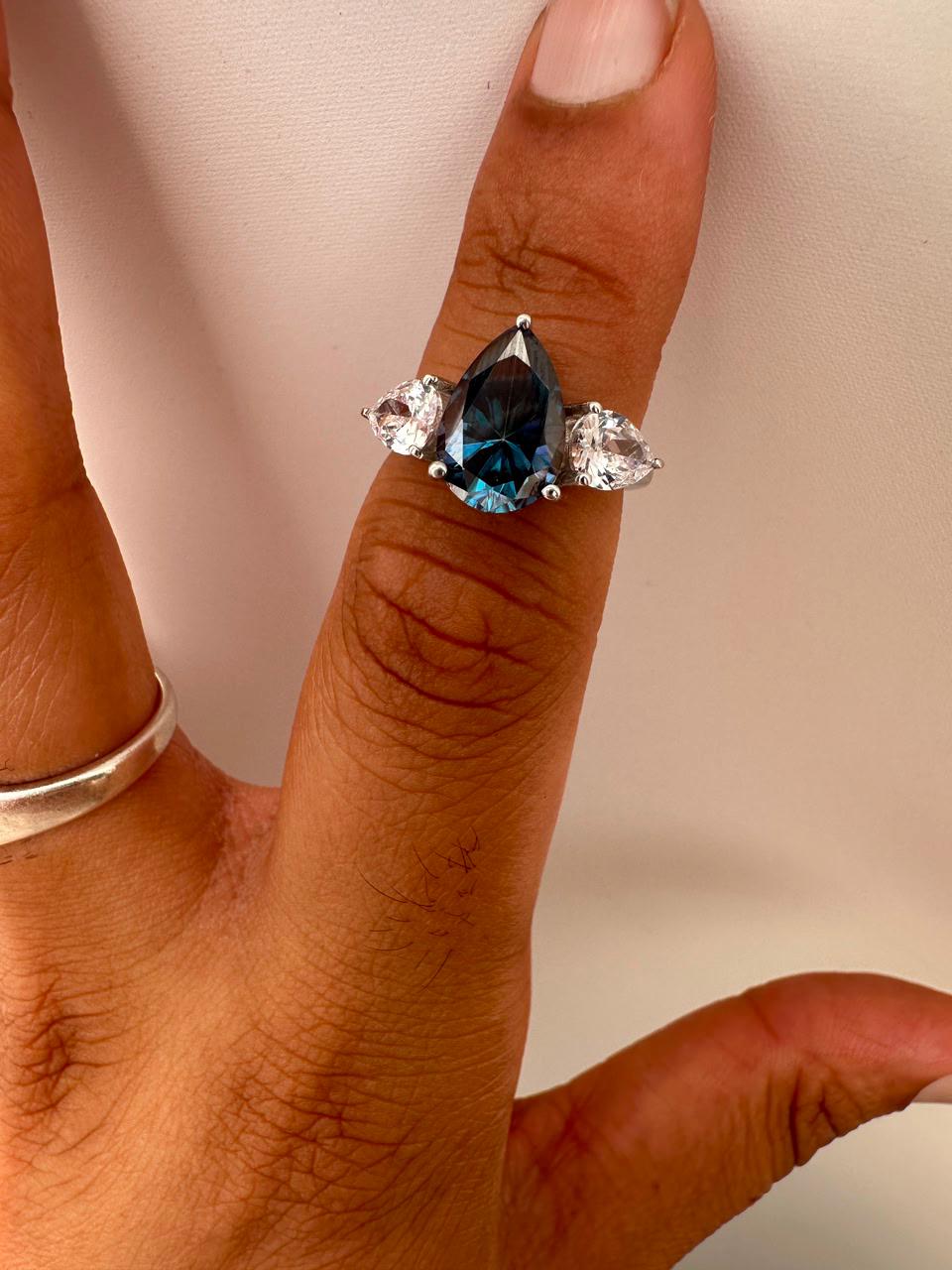 Blue Pear Moissanite Three Stone Ring, 14K White Gold Engagement Ring