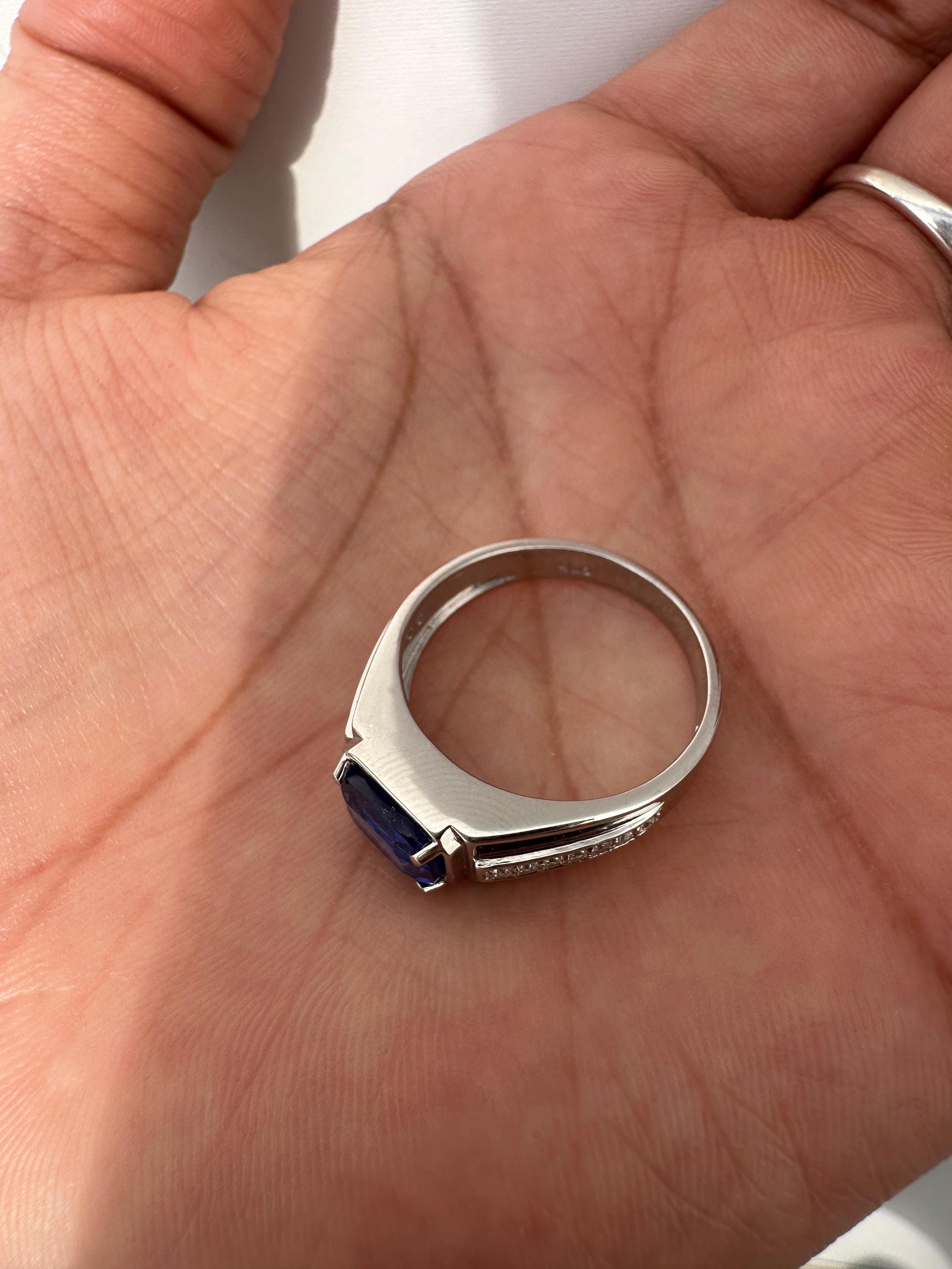 Sapphire Cushion Cut Men’s Engagement Ring in 14K White Gold, Blue Gemstone Ring