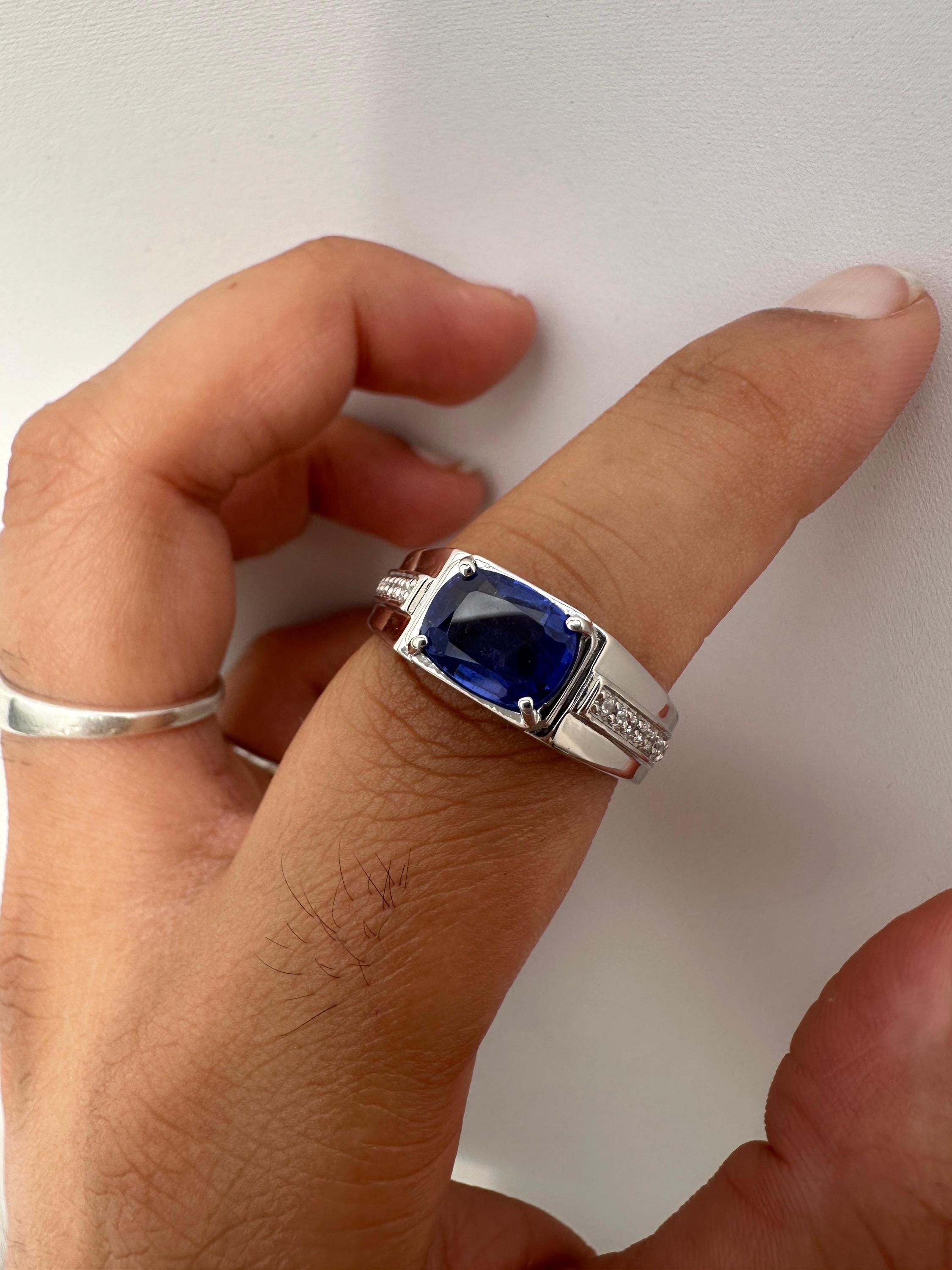 Sapphire Cushion Cut Men’s Engagement Ring in 14K White Gold, Blue Gemstone Ring
