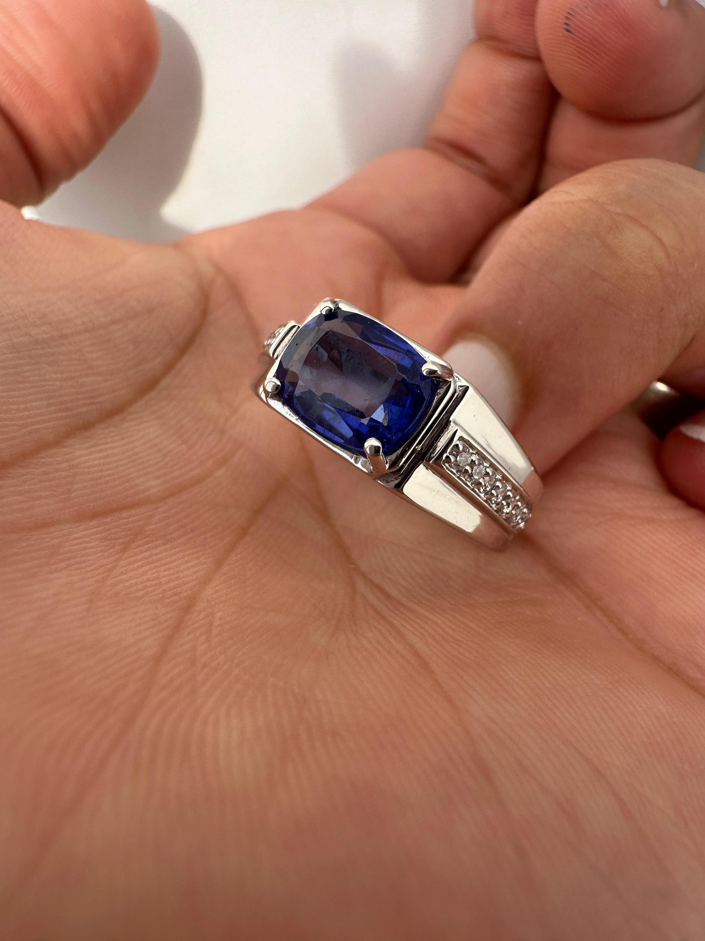 Sapphire Cushion Cut Men’s Engagement Ring in 14K White Gold, Blue Gemstone Ring