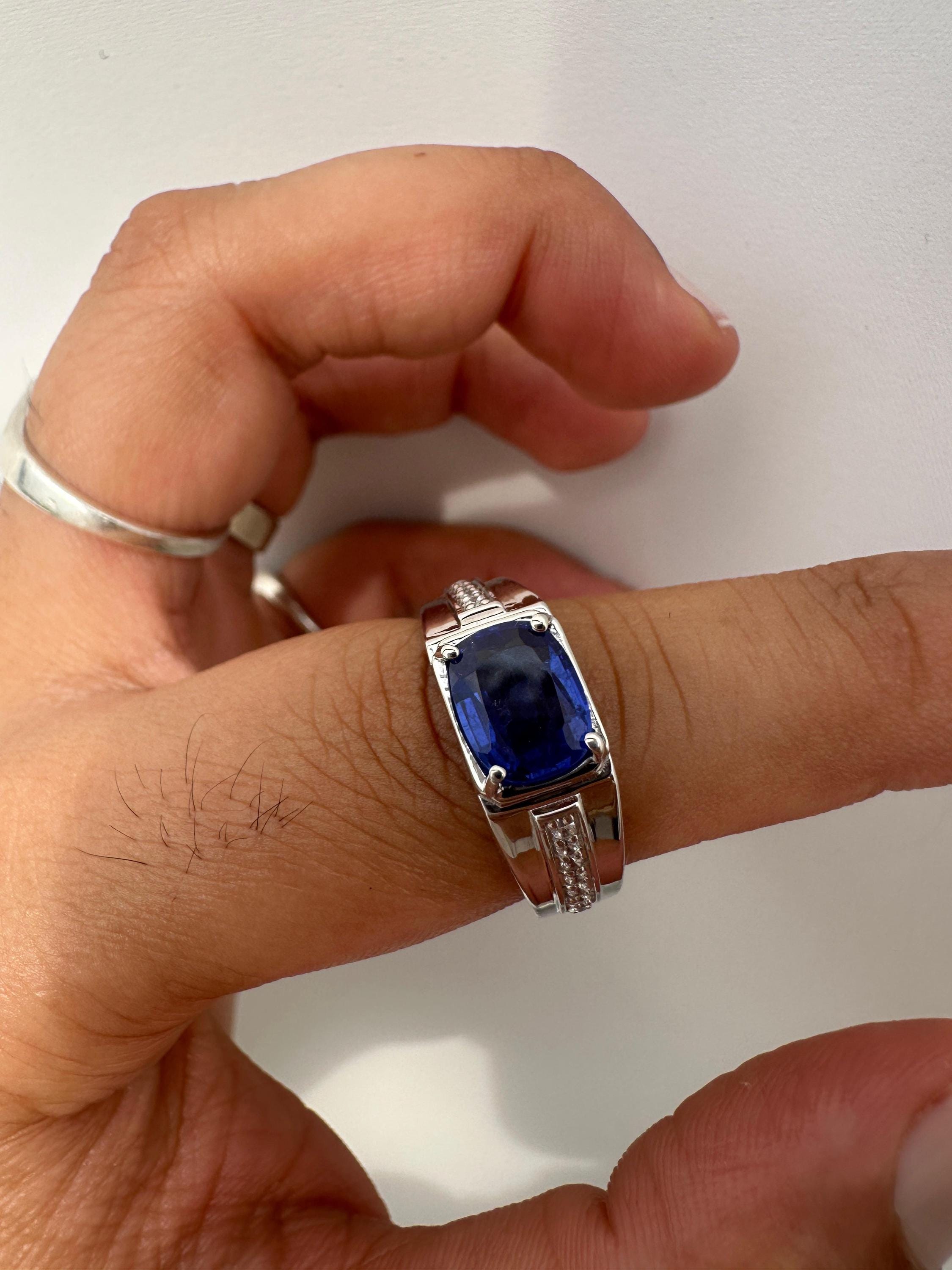 Sapphire Cushion Cut Men’s Engagement Ring in 14K White Gold, Blue Gemstone Ring