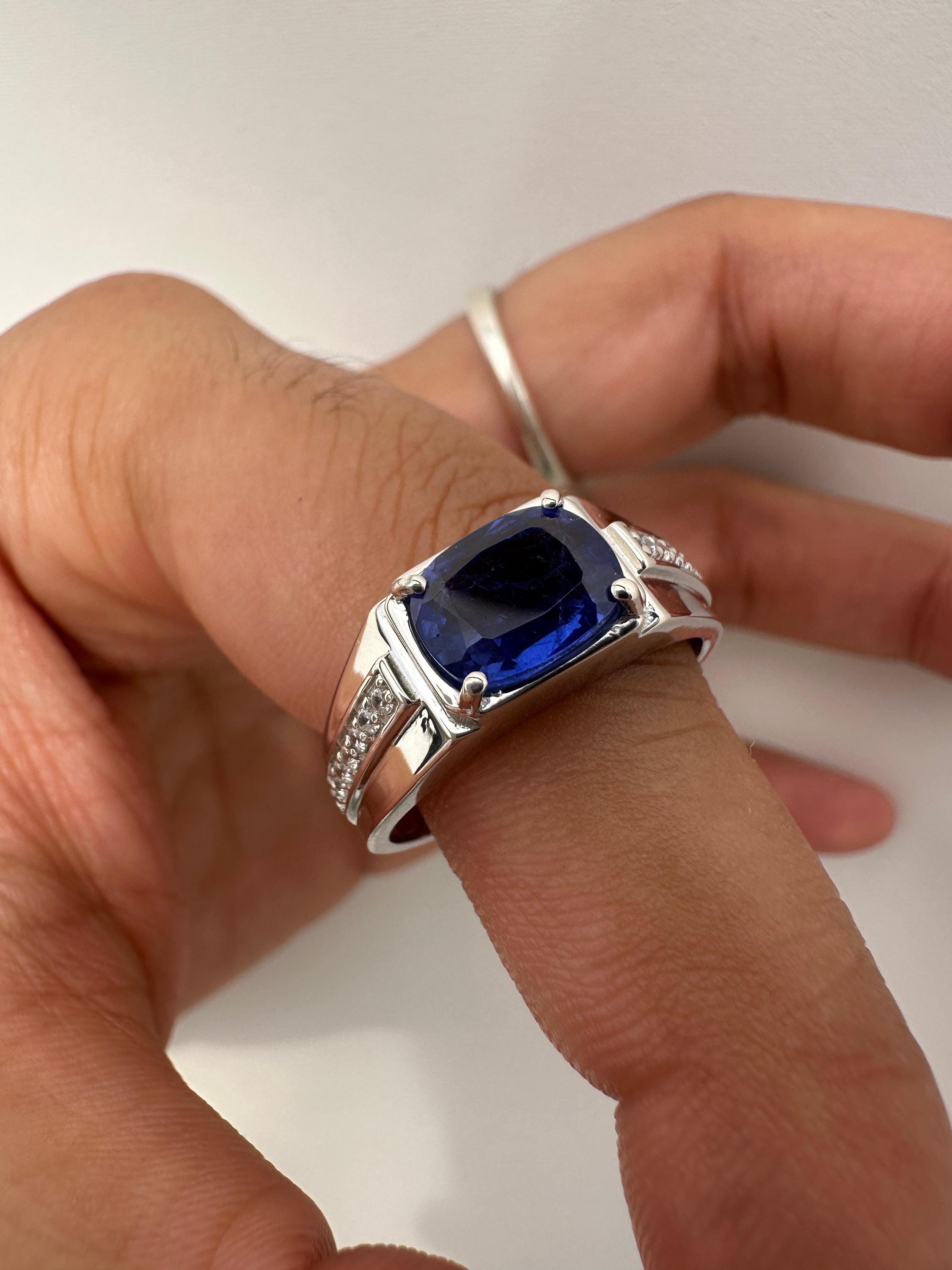 Sapphire Cushion Cut Men’s Engagement Ring in 14K White Gold, Blue Gemstone Ring
