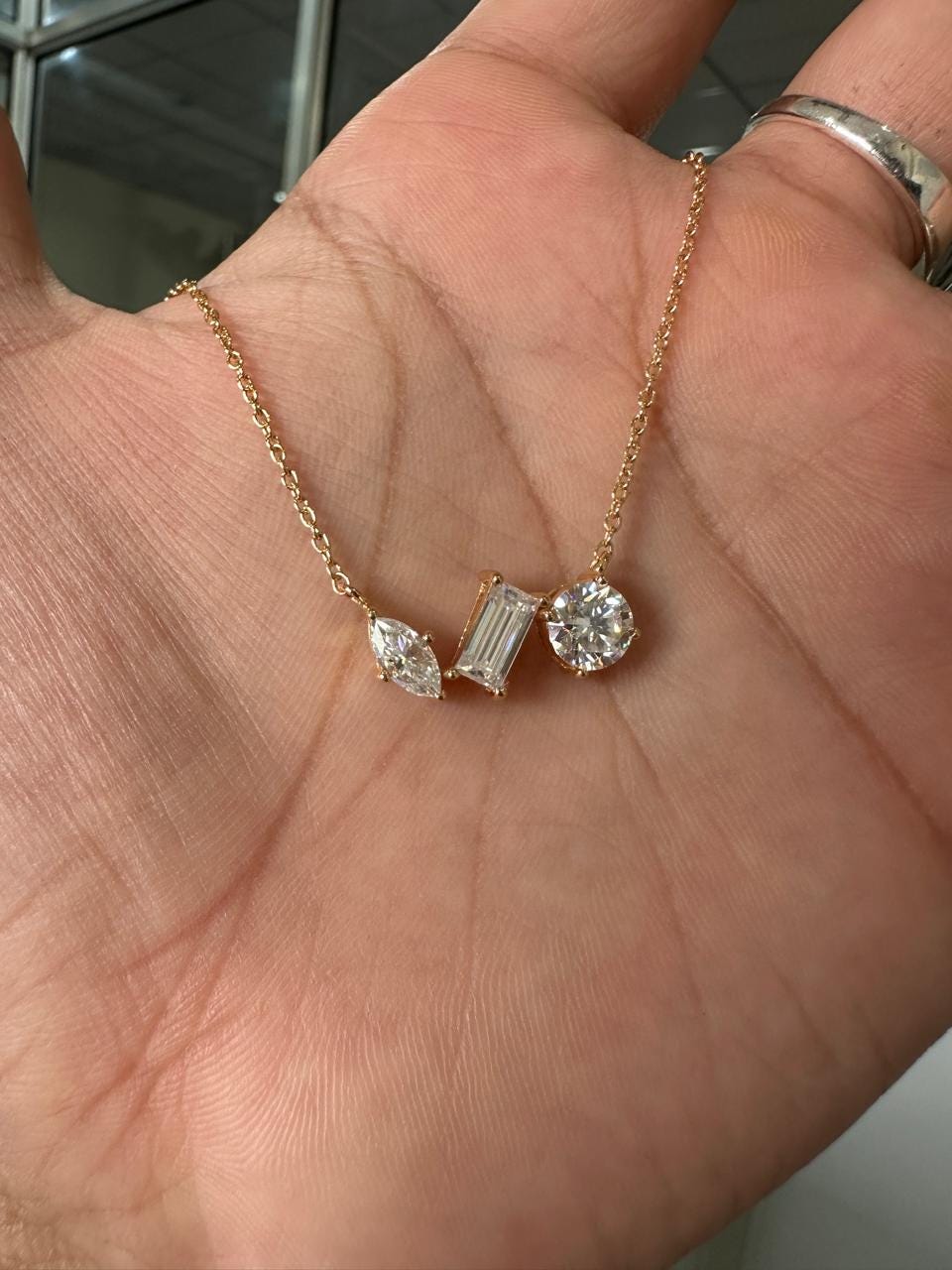 Multi Shape Moissanite Pendant Necklace: 14k Gold Vermeil Plated over 925 Silver