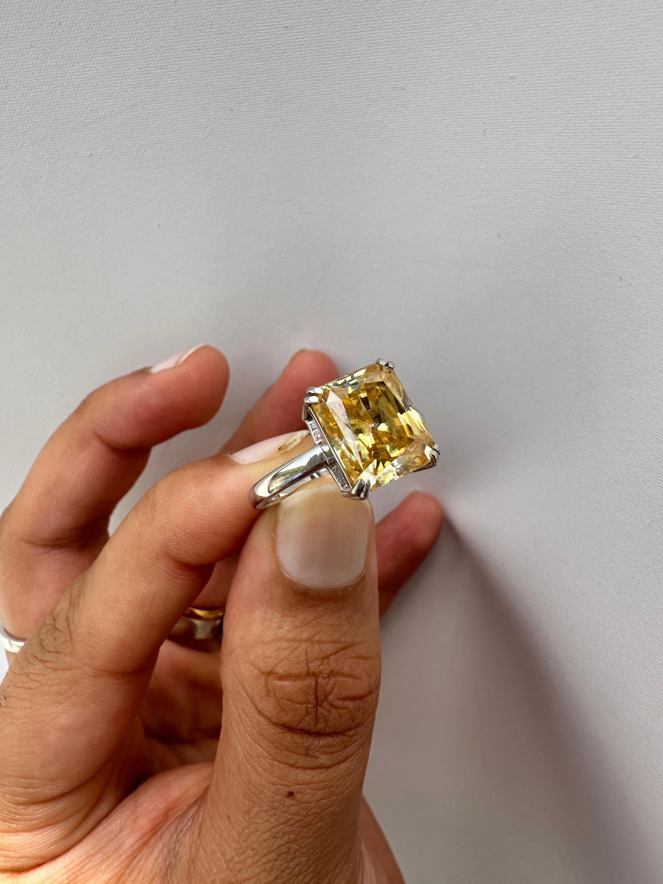 7 CT Radiant Moissanite Solitaire Ring | 14K White Gold Yellow Gemstone Band