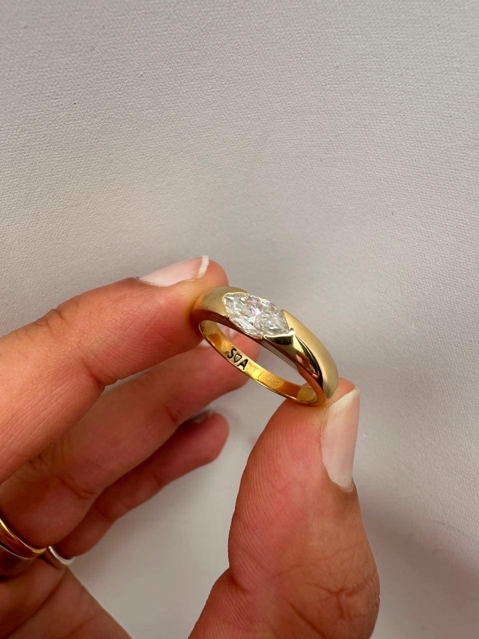 Marquise Moissanite Wedding Ring, 14K Yellow Gold Half Bezel Solitaire Band