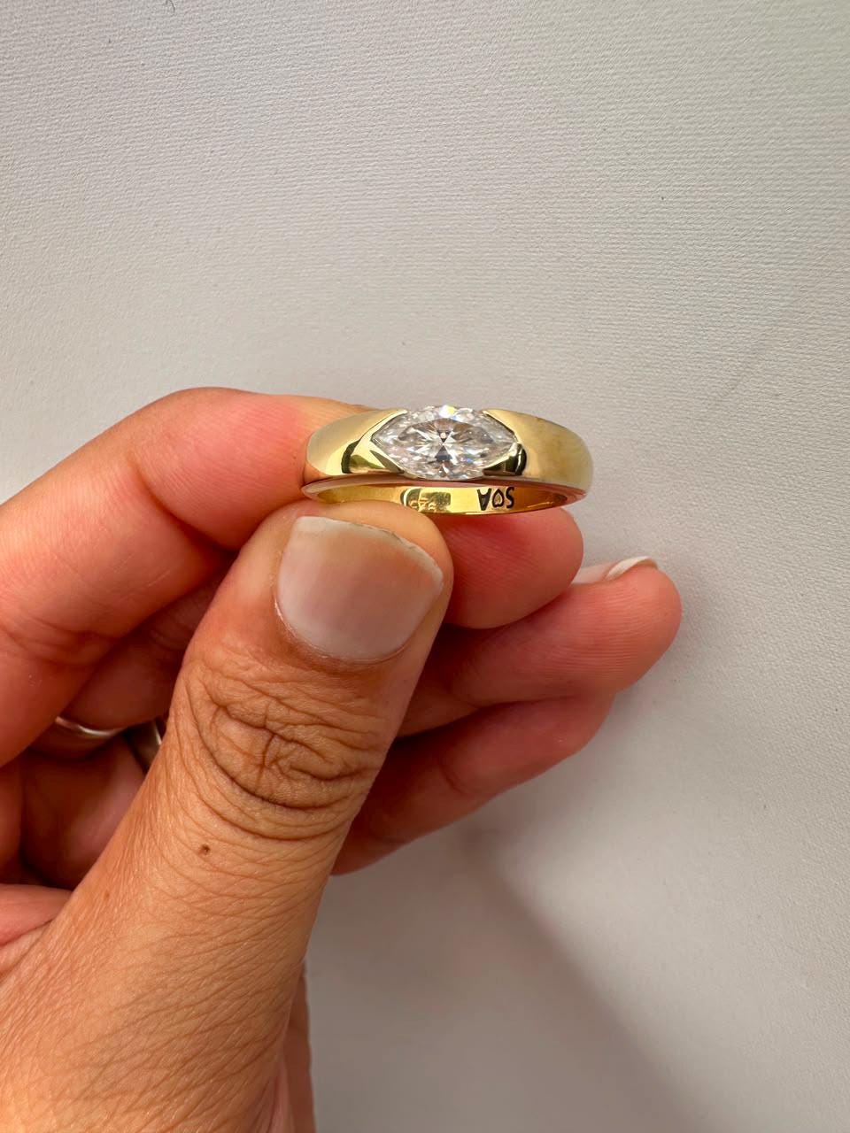 Marquise Moissanite Wedding Ring, 14K Yellow Gold Half Bezel Solitaire Band