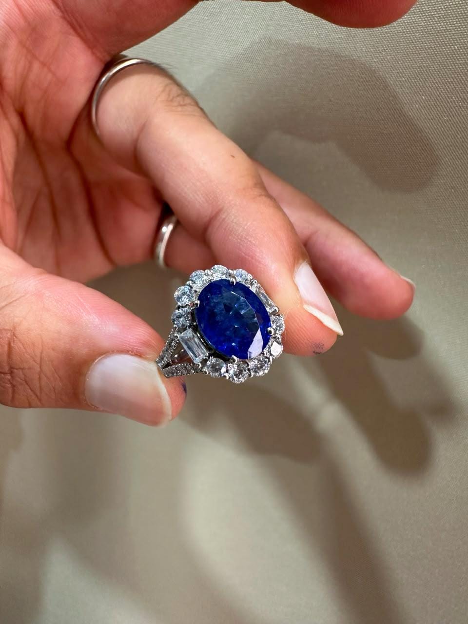 3 CT Oval Blue Sapphire Halo Engagement Ring, 14K White Gold Vintage Ring