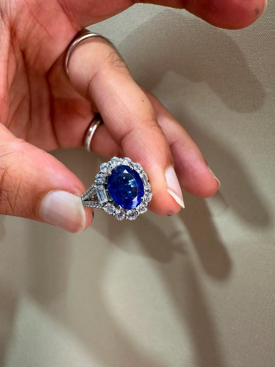 3 CT Oval Blue Sapphire Halo Engagement Ring, 14K White Gold Vintage Ring