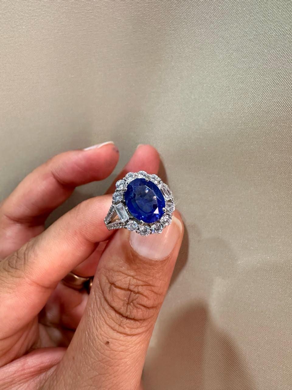 3 CT Oval Blue Sapphire Halo Engagement Ring, 14K White Gold Vintage Ring