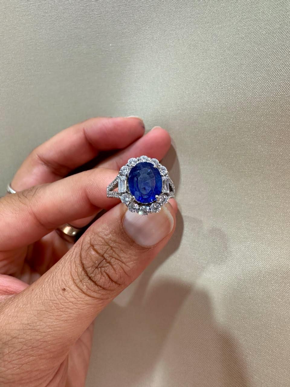 3 CT Oval Blue Sapphire Halo Engagement Ring, 14K White Gold Vintage Ring