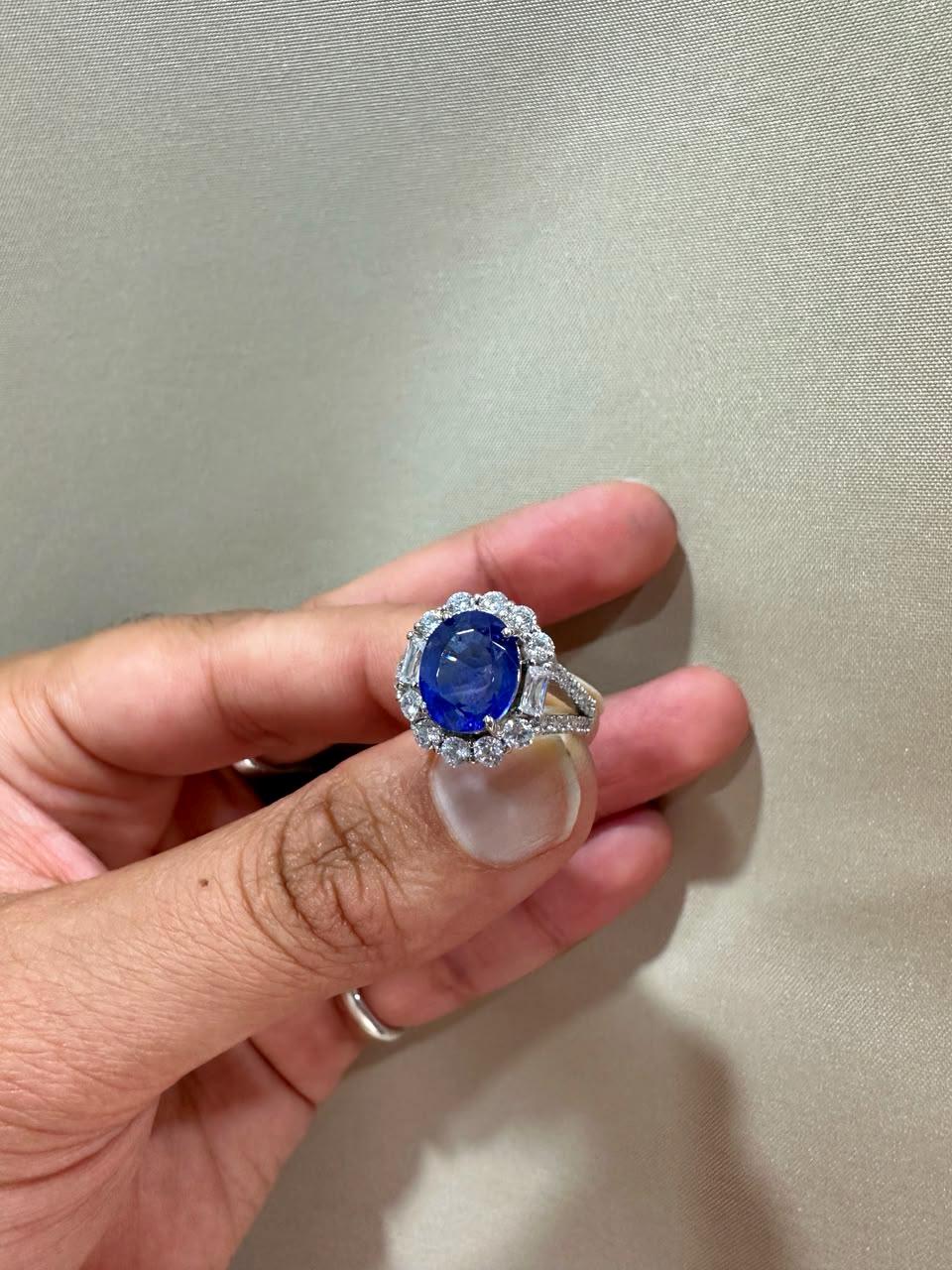 3 CT Oval Blue Sapphire Halo Engagement Ring, 14K White Gold Vintage Ring