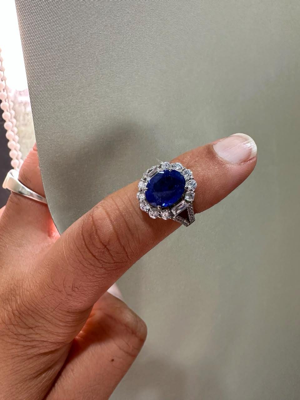3 CT Oval Blue Sapphire Halo Engagement Ring, 14K White Gold Vintage Ring