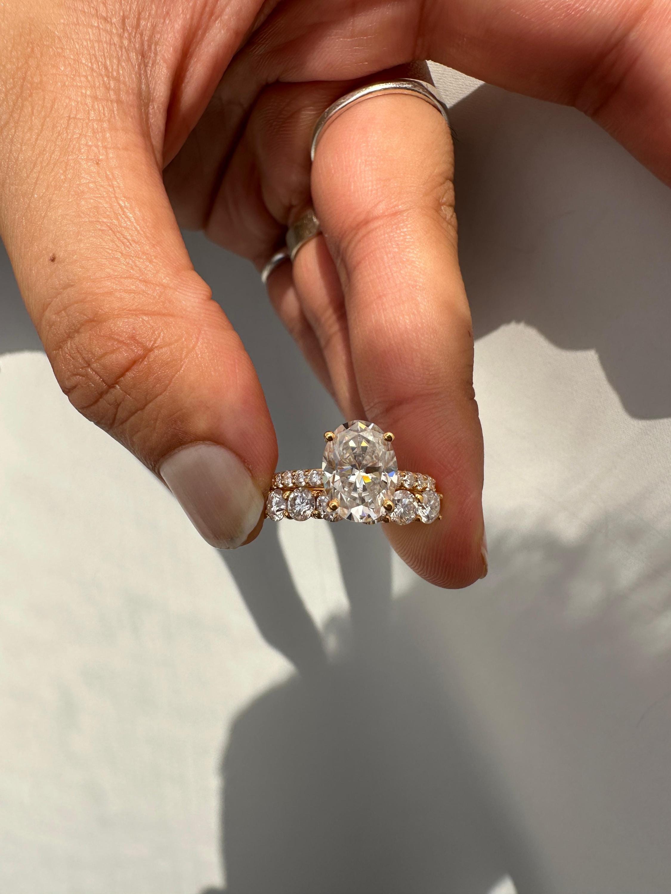 Oval Moissanite Engagement Ring Set, 14K Yellow Gold Hidden Halo Bridal Band