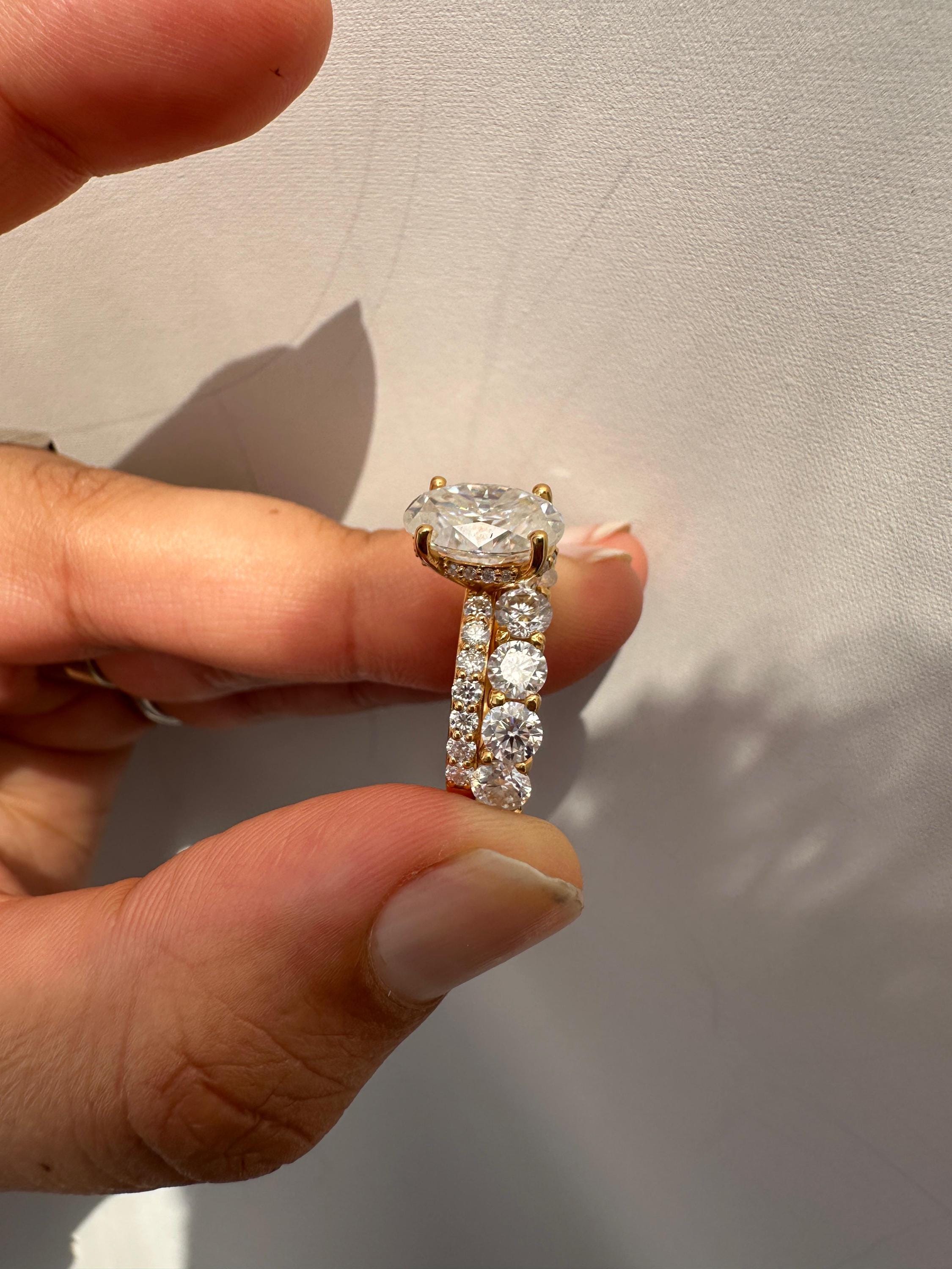 Oval Moissanite Engagement Ring Set, 14K Yellow Gold Hidden Halo Bridal Band