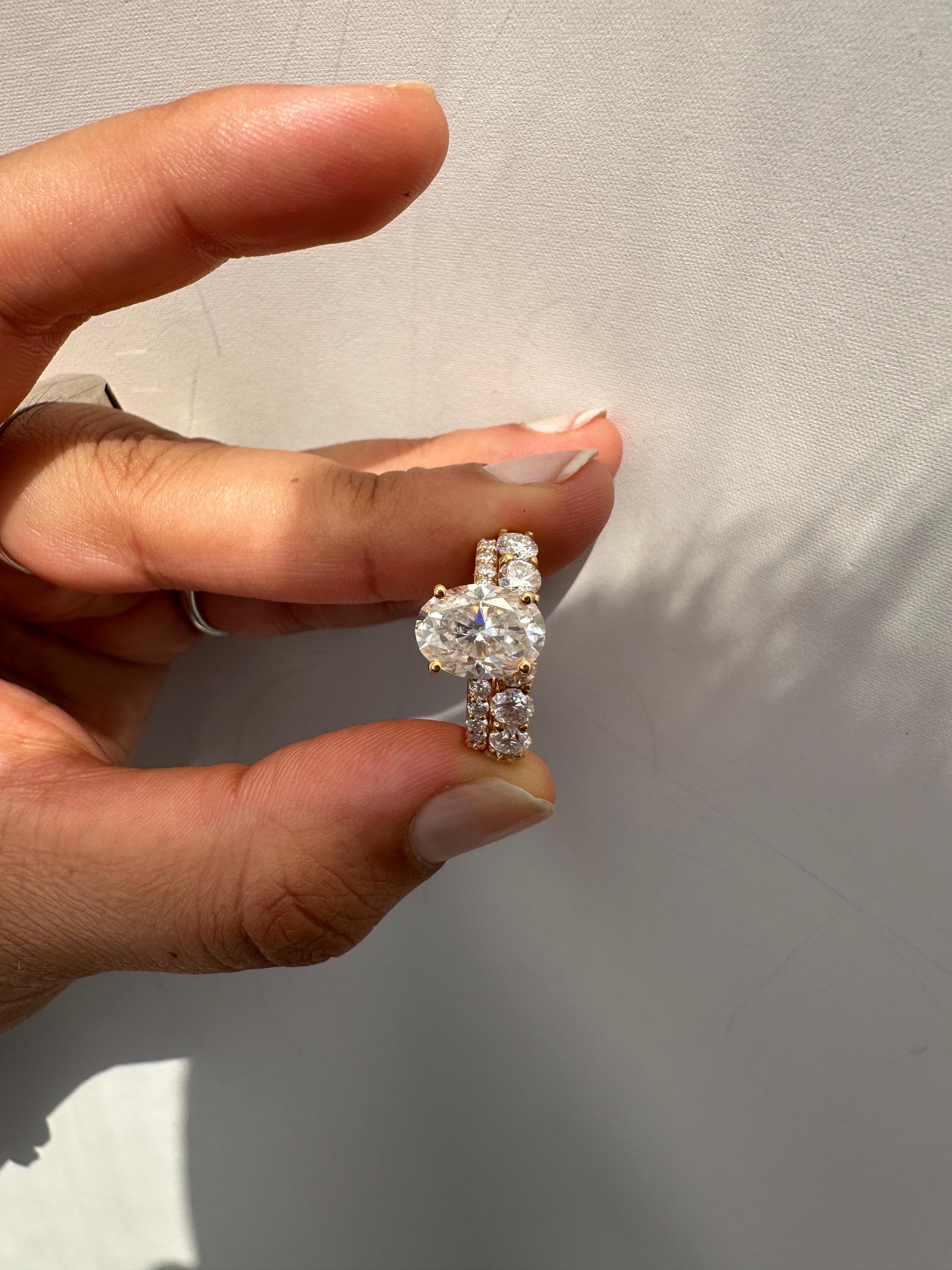 Oval Moissanite Engagement Ring Set, 14K Yellow Gold Hidden Halo Bridal Band