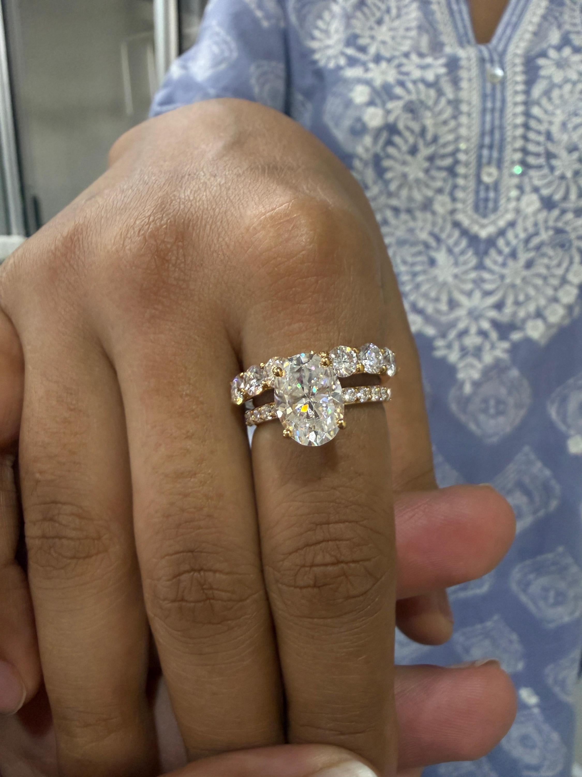 Oval Moissanite Engagement Ring Set, 14K Yellow Gold Hidden Halo Bridal Band