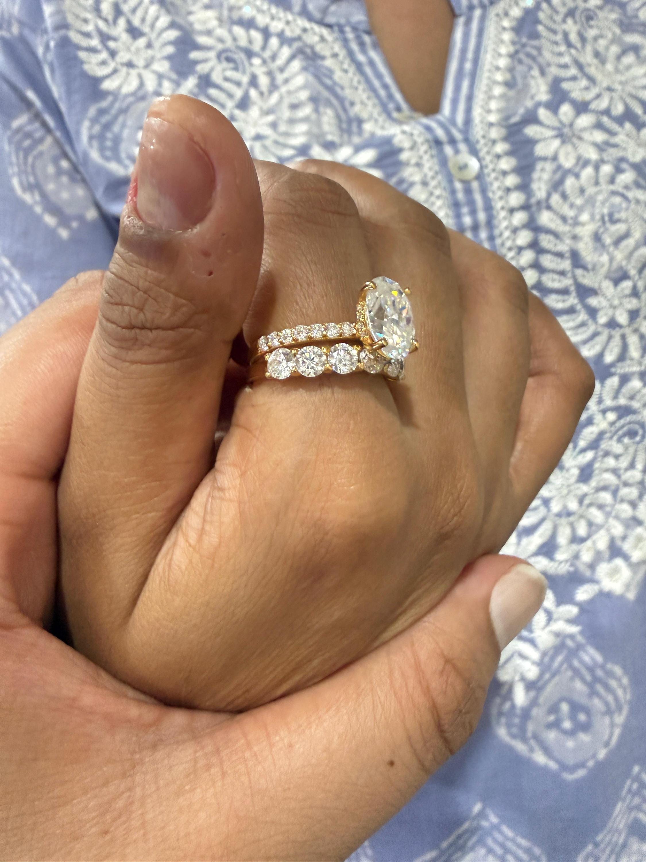 Oval Moissanite Engagement Ring Set, 14K Yellow Gold Hidden Halo Bridal Band