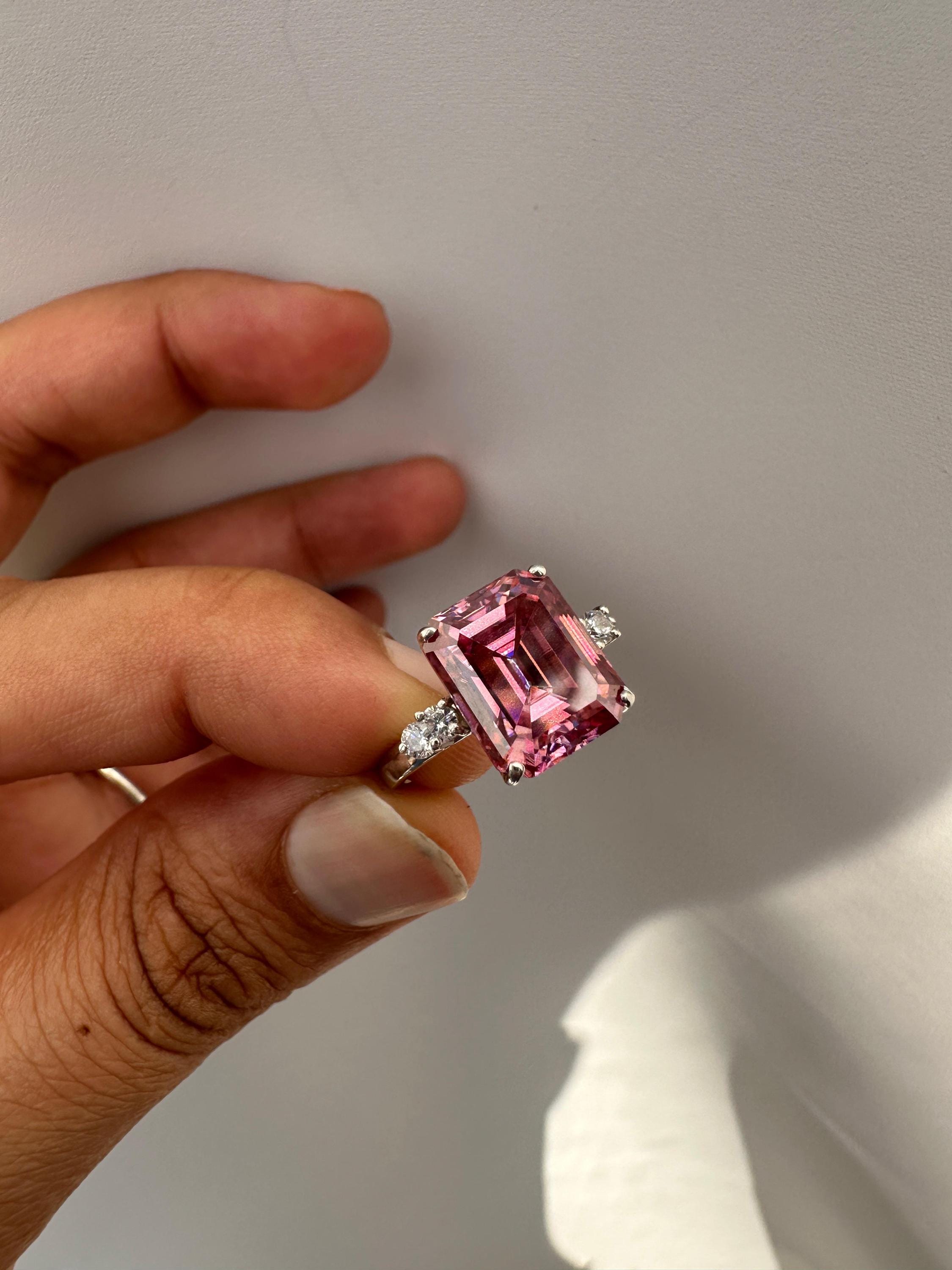 5 CT Pink Moissanite Ring, 14K White Gold, Luxury Engagement Ring Gift for Her