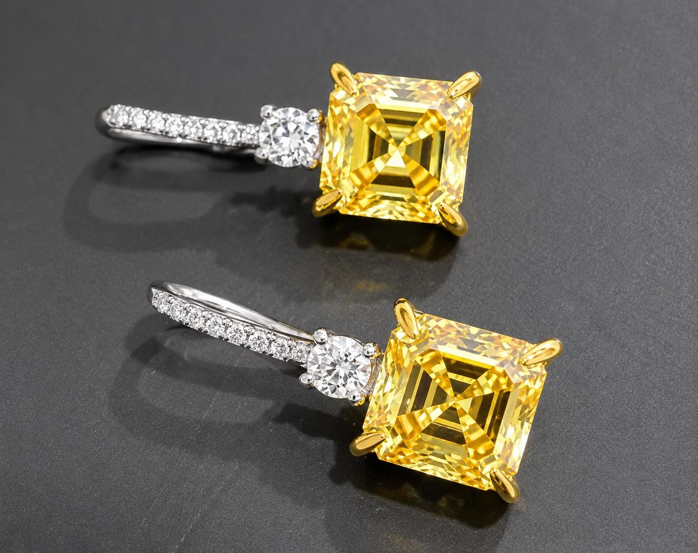5 CT Yellow Moissanite Asscher Cut Drop Earrings | 14K White Gold, Diamond Accents
