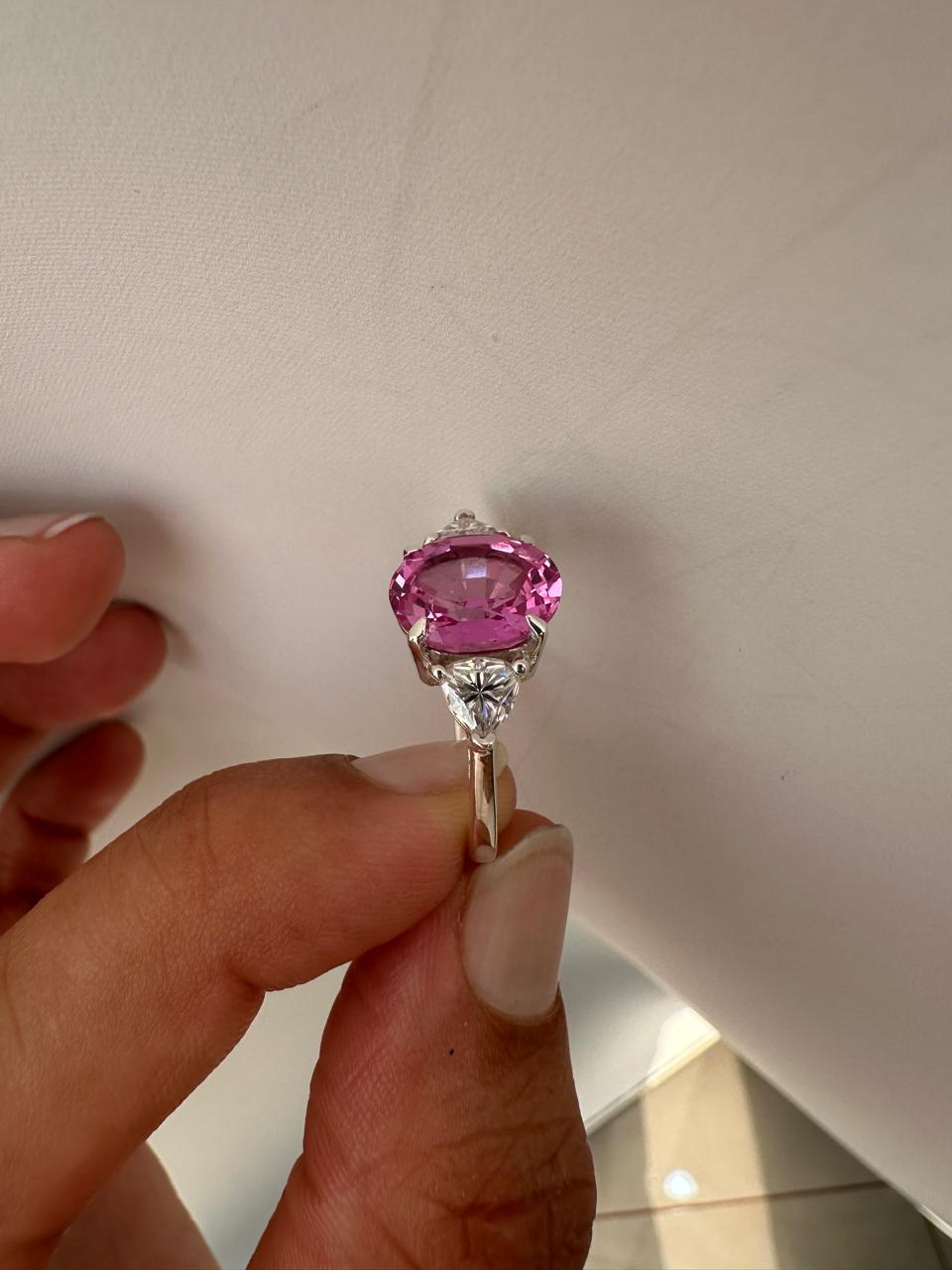 Oval Pink Sapphire Engagement Ring, 14K White Gold, Trillion Accents, September Birthstone