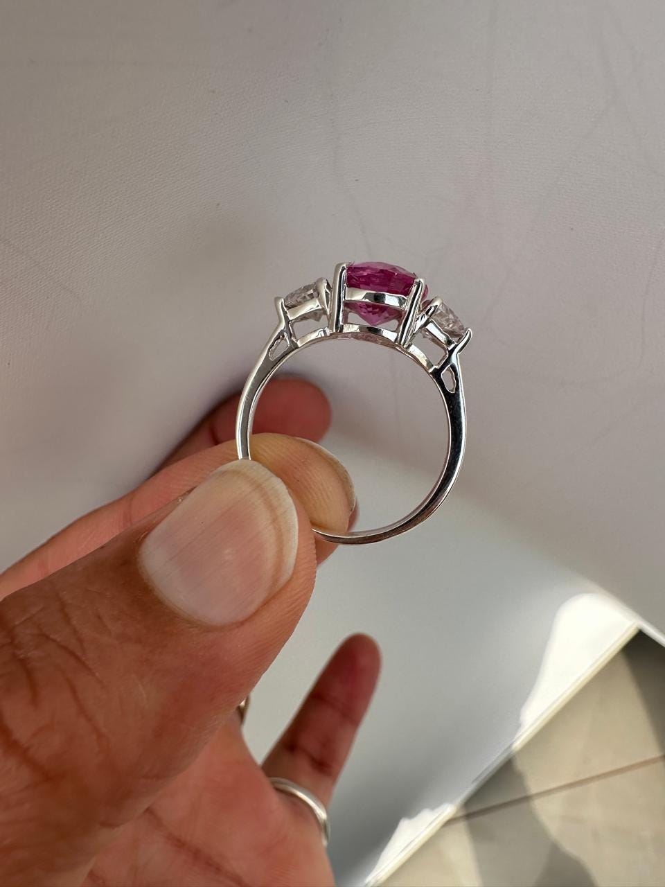 Oval Pink Sapphire Engagement Ring, 14K White Gold, Trillion Accents, September Birthstone