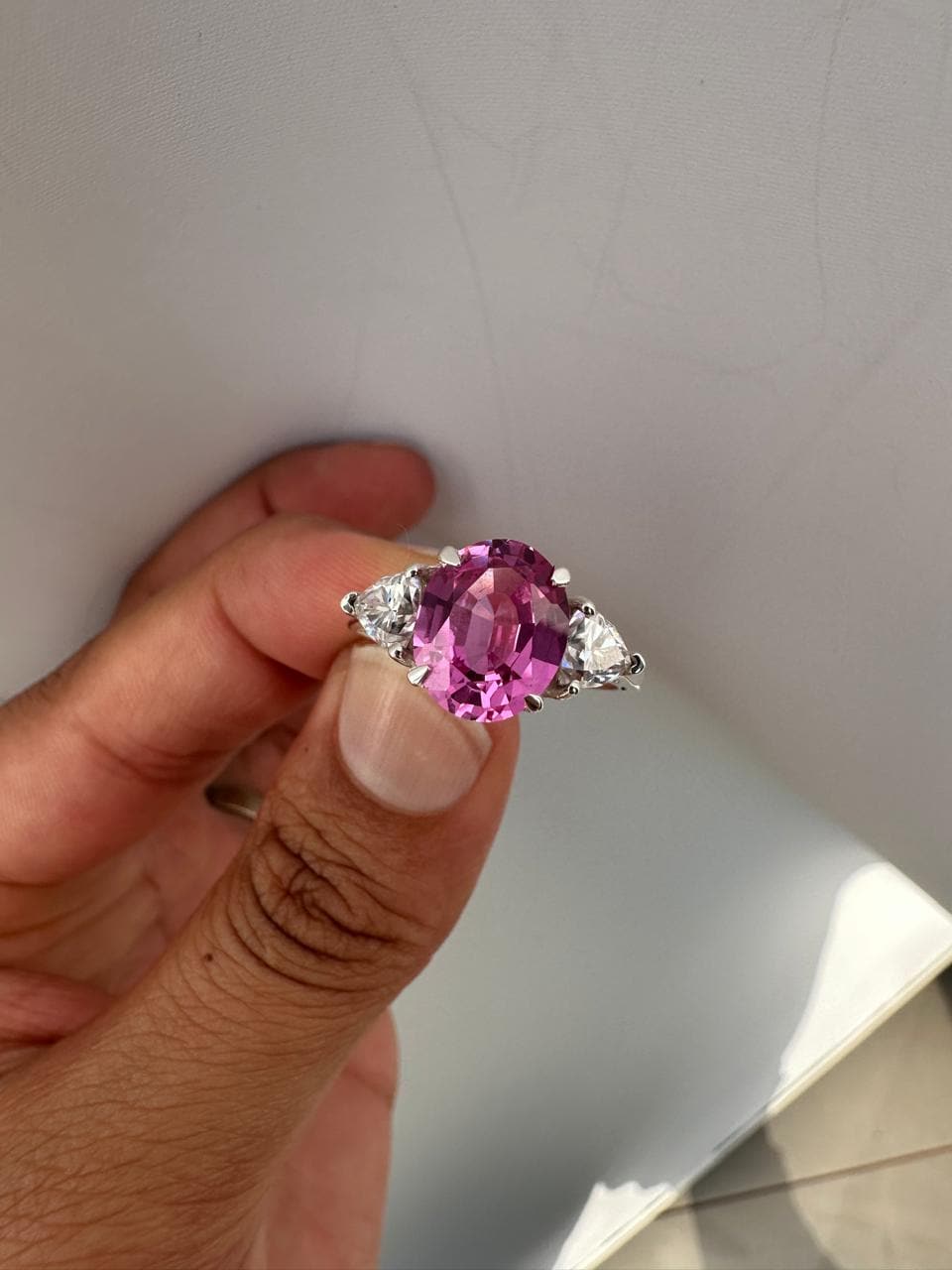 Oval Pink Sapphire Engagement Ring, 14K White Gold, Trillion Accents, September Birthstone