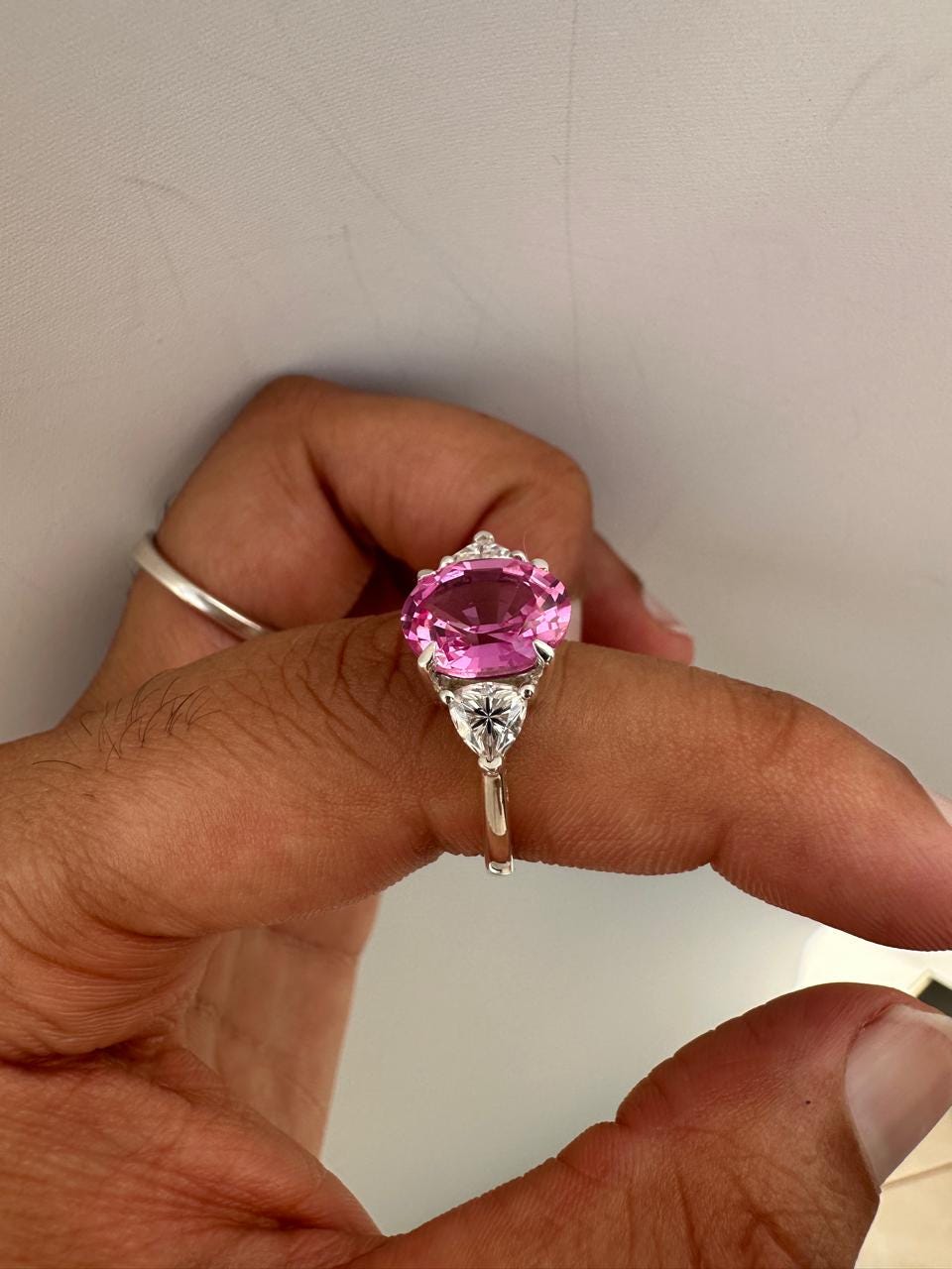 Oval Pink Sapphire Engagement Ring, 14K White Gold, Trillion Accents, September Birthstone