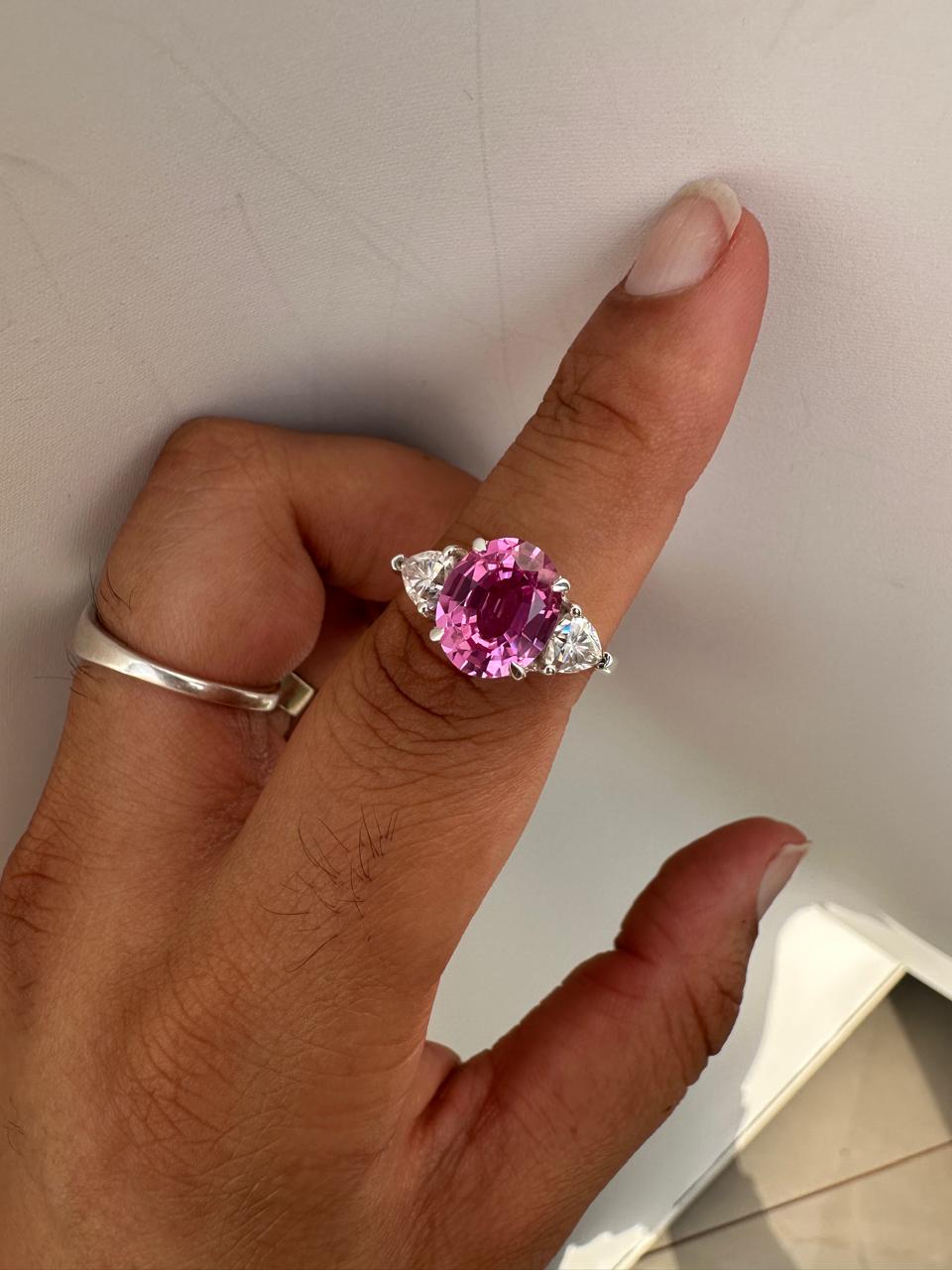 Oval Pink Sapphire Engagement Ring, 14K White Gold, Trillion Accents, September Birthstone