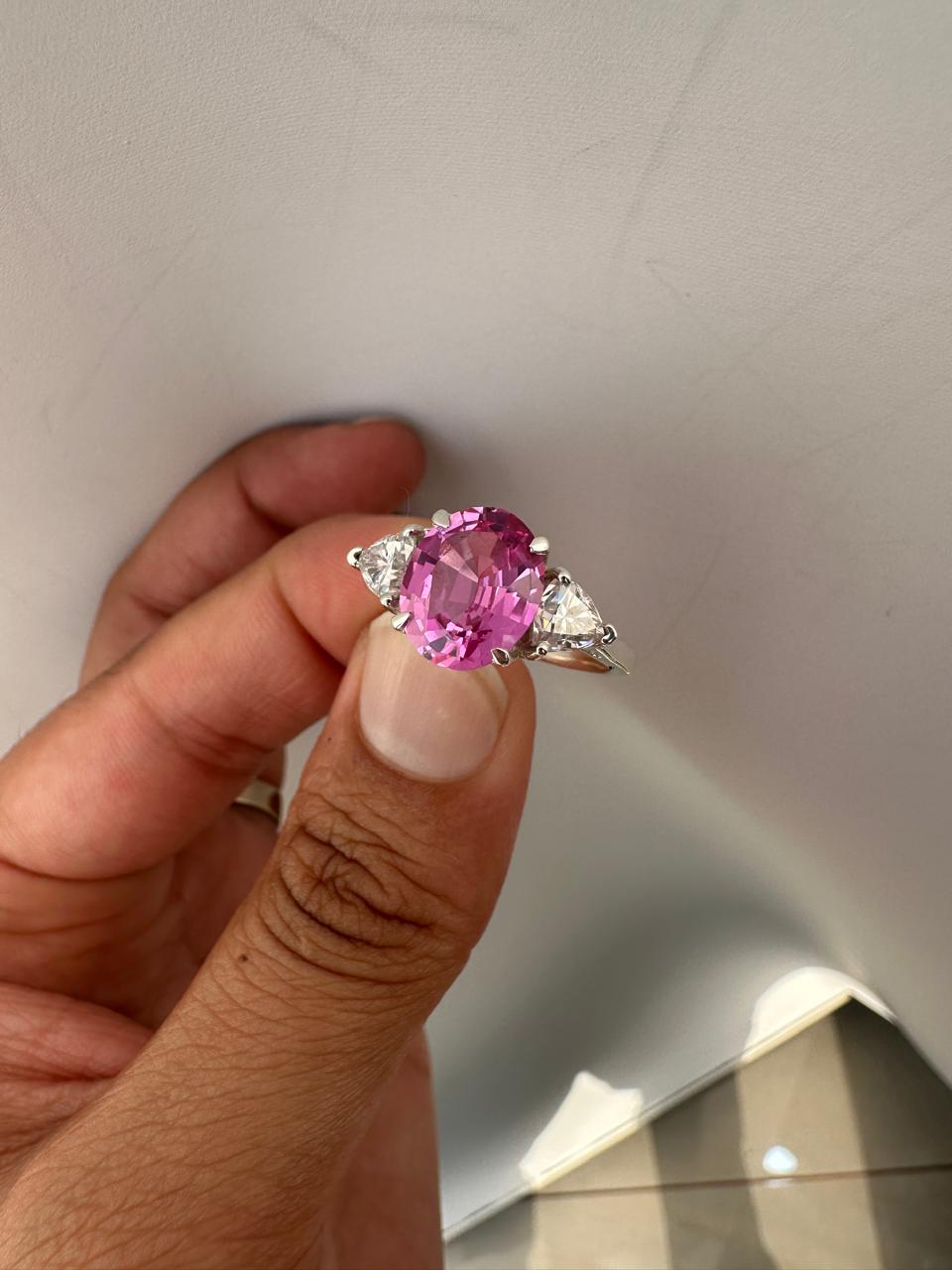 Oval Pink Sapphire Engagement Ring, 14K White Gold, Trillion Accents, September Birthstone