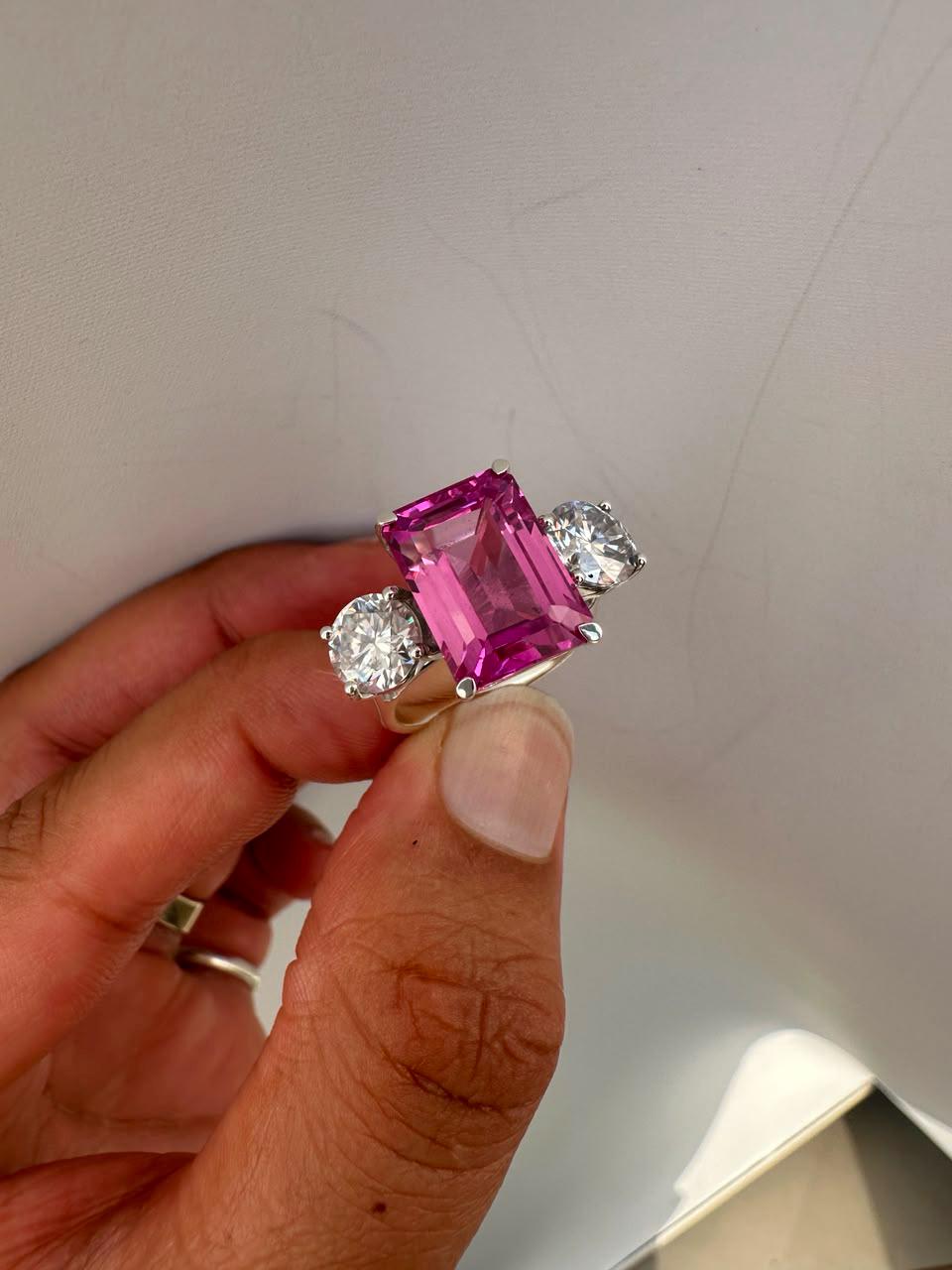 Emerald Cut Pink Sapphire Engagement Ring, 14K White Gold Three Stone Ring