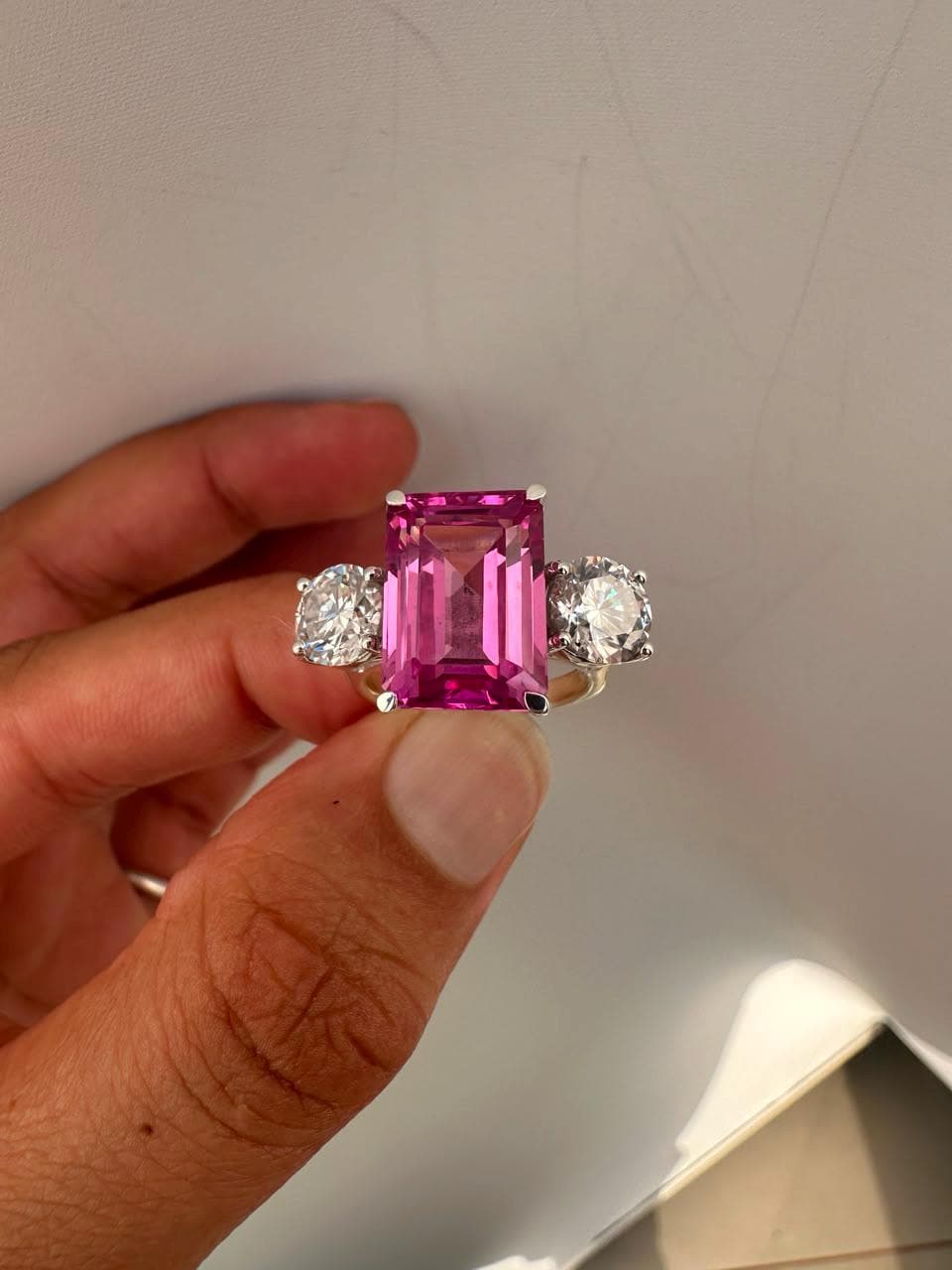 Emerald Cut Pink Sapphire Engagement Ring, 14K White Gold Three Stone Ring