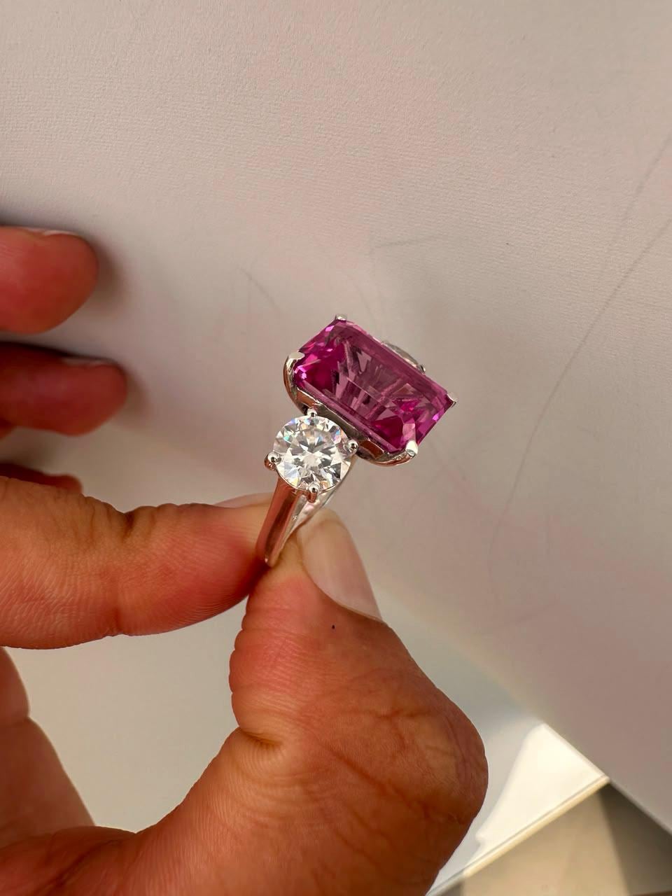Emerald Cut Pink Sapphire Engagement Ring, 14K White Gold Three Stone Ring