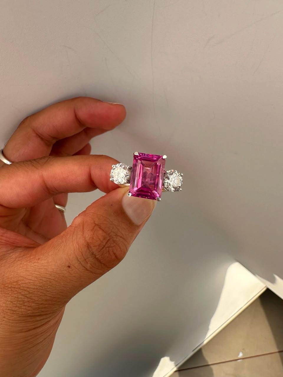 Emerald Cut Pink Sapphire Engagement Ring, 14K White Gold Three Stone Ring