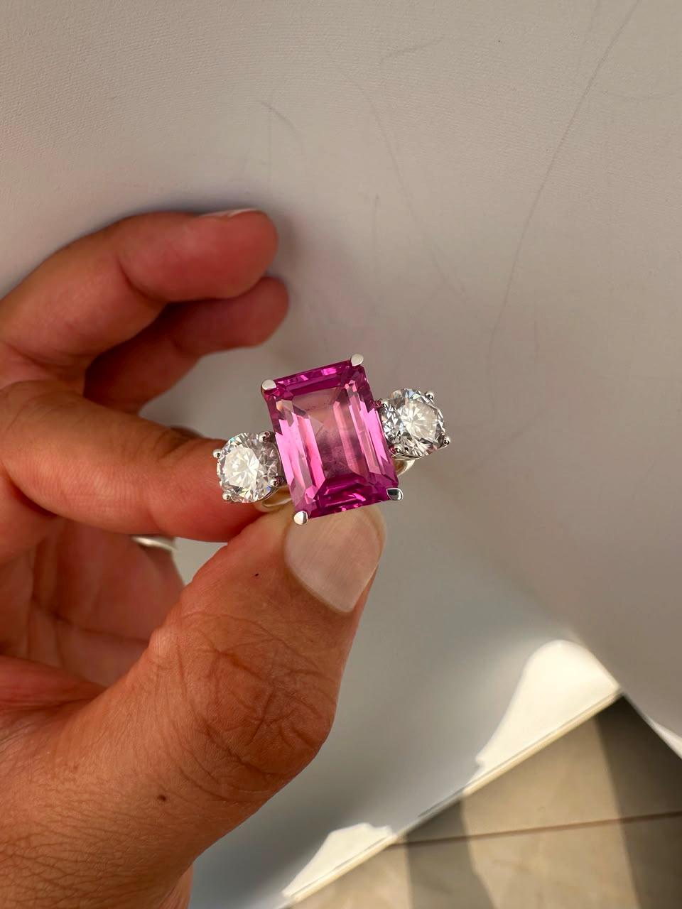 Emerald Cut Pink Sapphire Engagement Ring, 14K White Gold Three Stone Ring