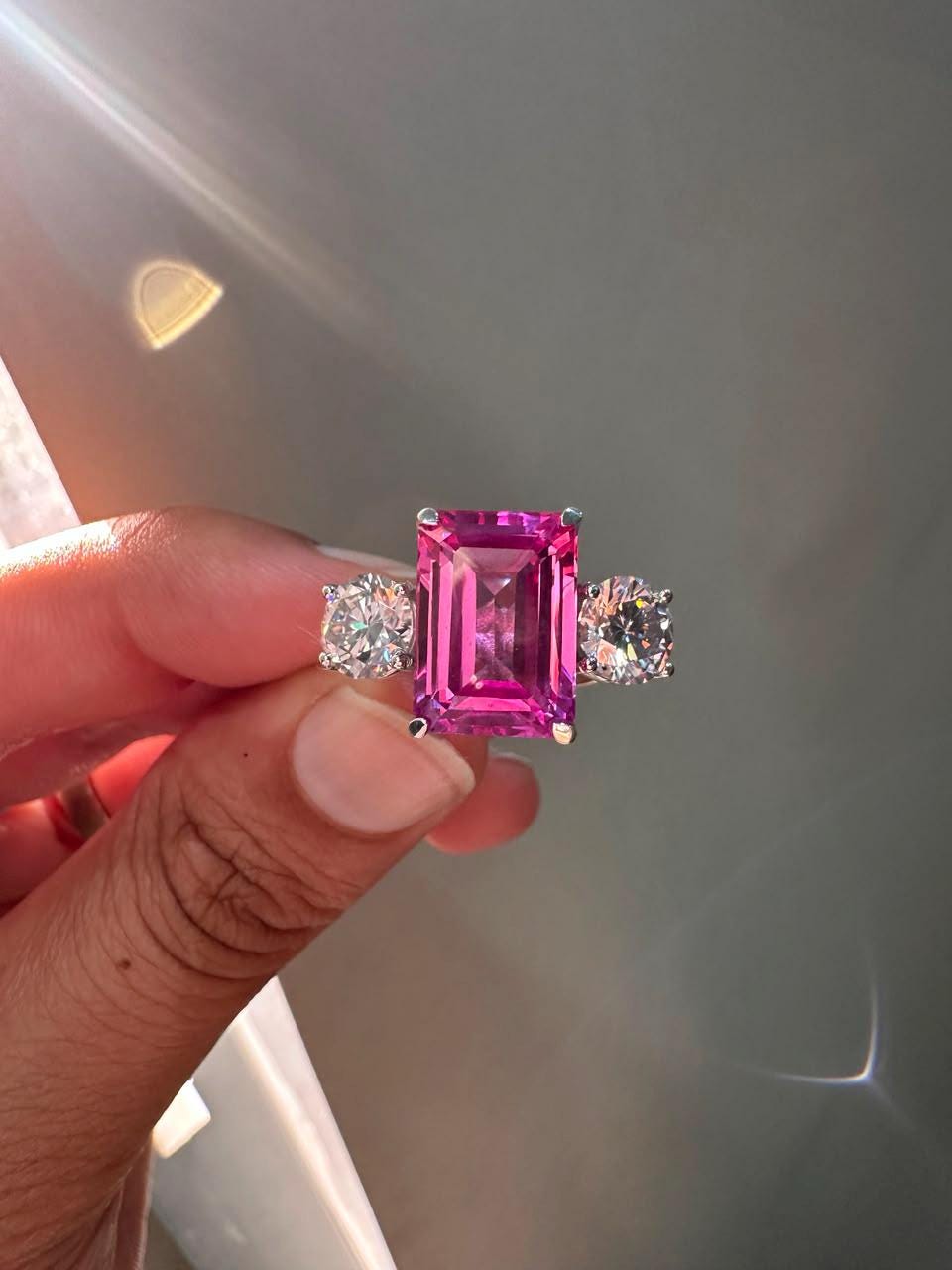 Emerald Cut Pink Sapphire Engagement Ring, 14K White Gold Three Stone Ring