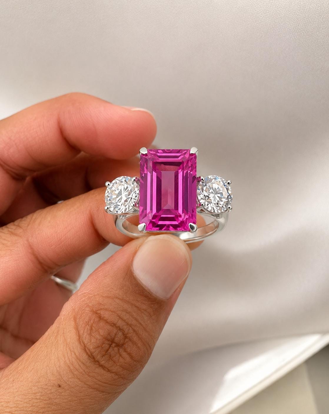 Emerald Cut Pink Sapphire Engagement Ring, 14K White Gold Three Stone Ring