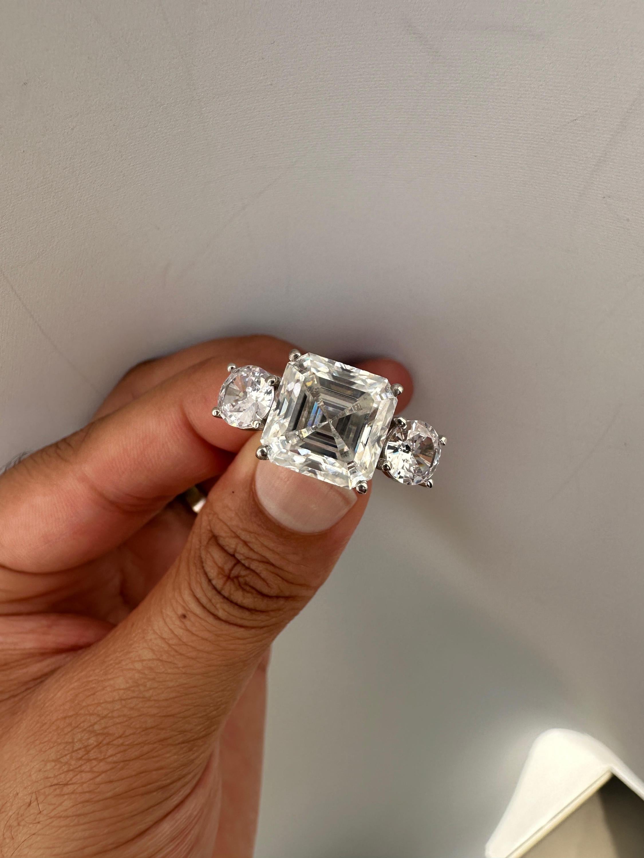 10 CT Asscher Cut Moissanite Ring, 14K White Gold Three Stone Engagement Ring